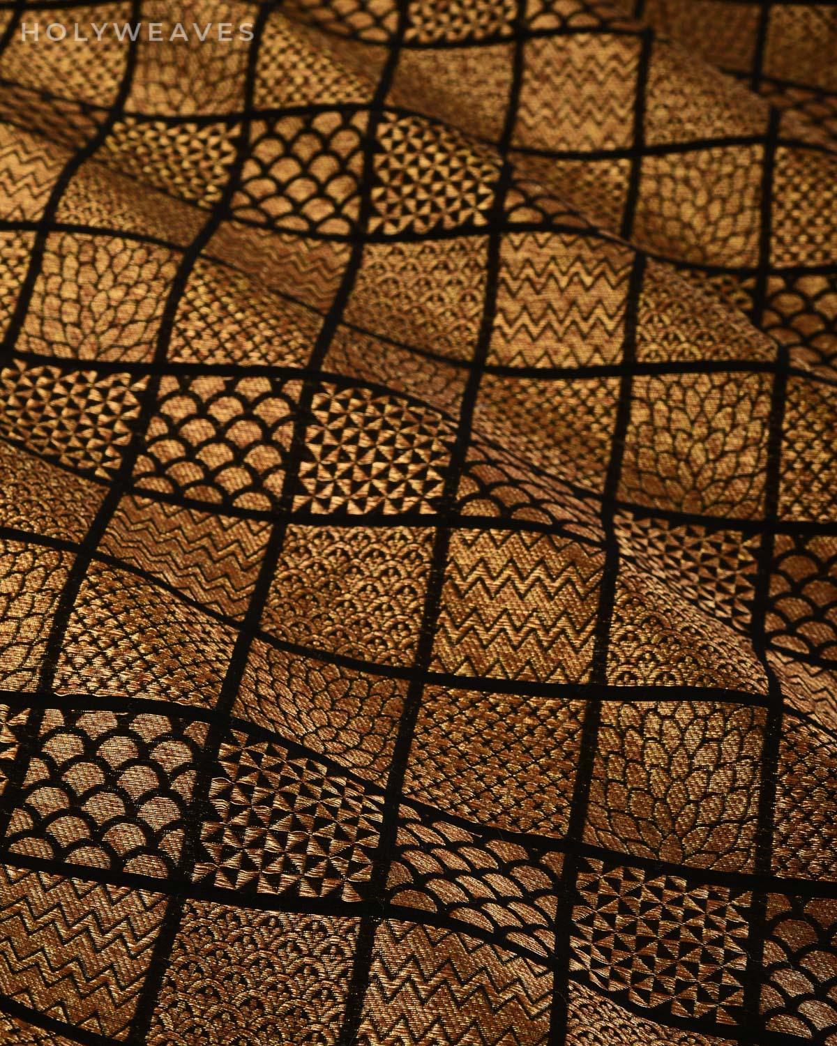 Black Banarasi Chequered Antique Zari Brocade Handwoven Cotton Silk Fabric - By HolyWeaves, Benares