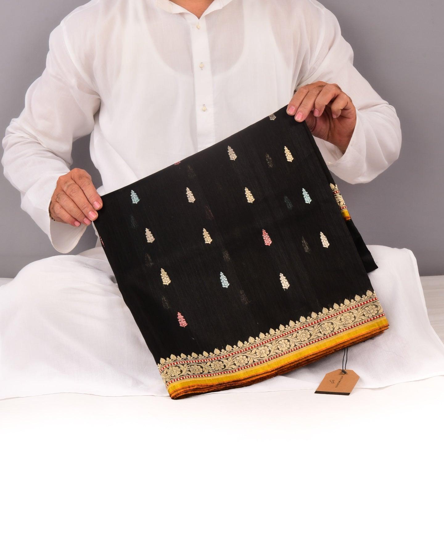 Black Banarasi Colored Zari Buti Kadhuan Brocade Handwoven Linen Silk Saree - By HolyWeaves, Benares