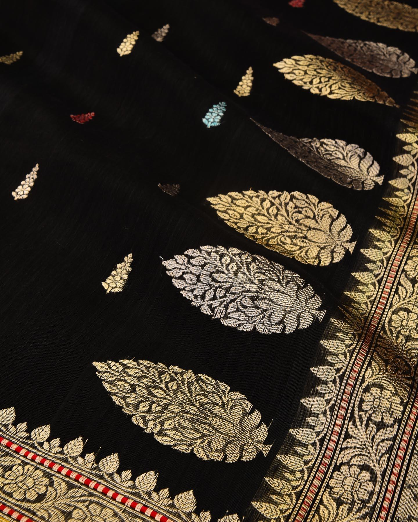Black Banarasi Colored Zari Buti Kadhuan Brocade Handwoven Linen Silk Saree - By HolyWeaves, Benares