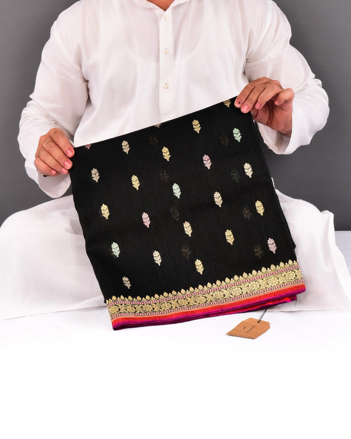 Black Banarasi Colored Zari Buti Kadhuan Brocade Handwoven Linen Silk Saree with 2-tone Selvage - By HolyWeaves, Benares