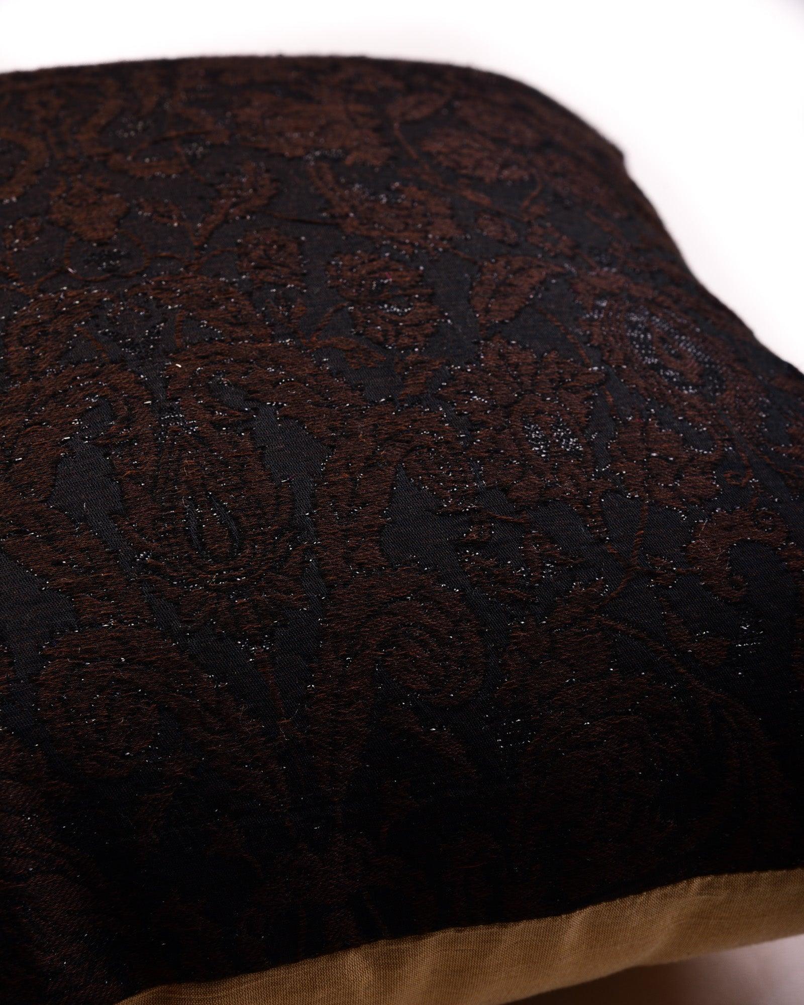 Black Banarasi Damask Cotton Silk Cushion Cover 16" - By HolyWeaves, Benares