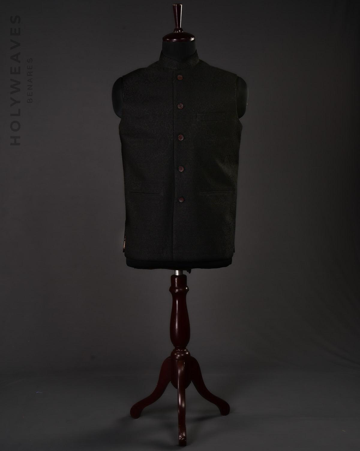 Black Banarasi Damask Tanchoi Handwoven Silk-wool Mens Modi Jacket - By HolyWeaves, Benares