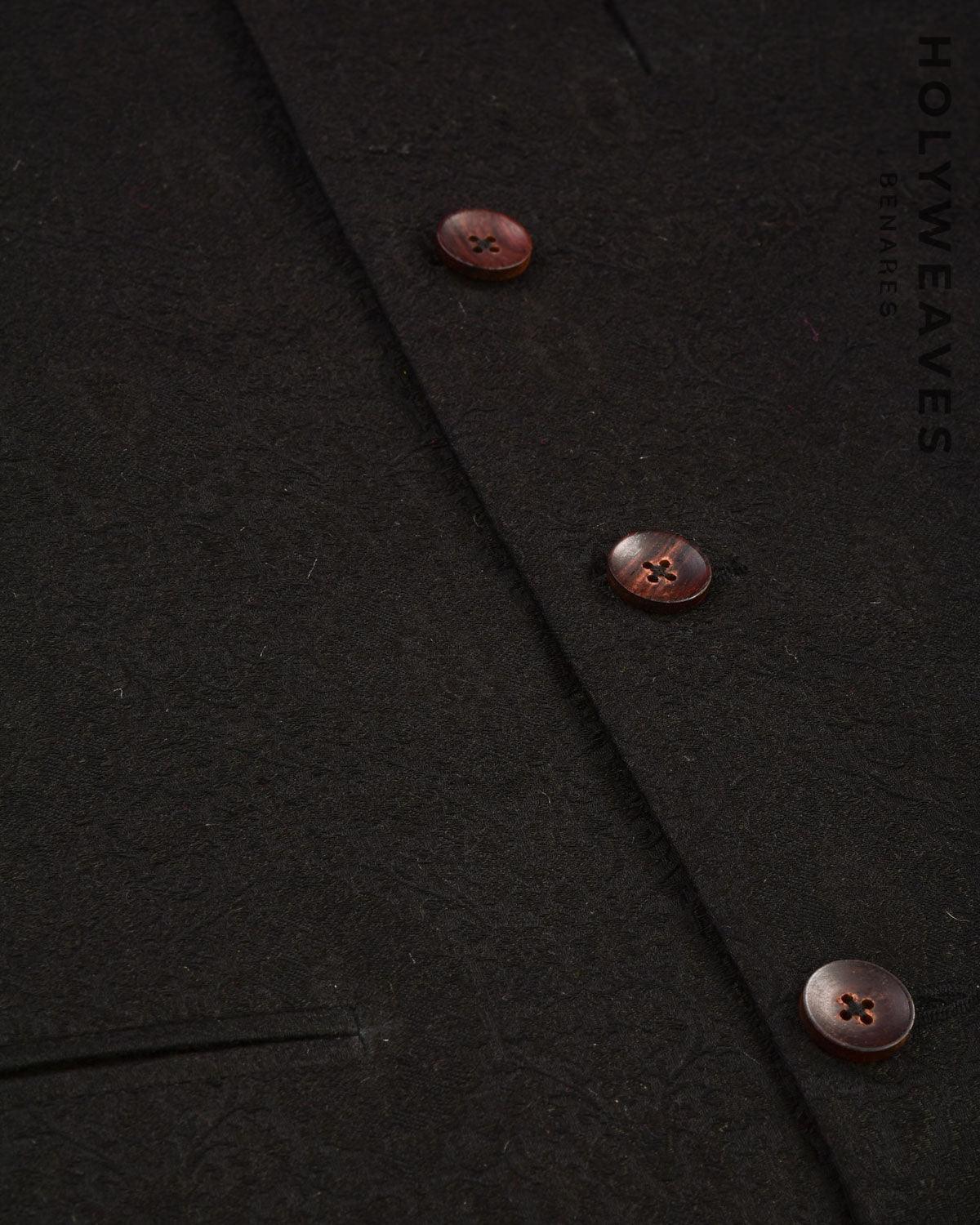 Black Banarasi Damask Tanchoi Handwoven Silk-wool Mens Modi Jacket - By HolyWeaves, Benares