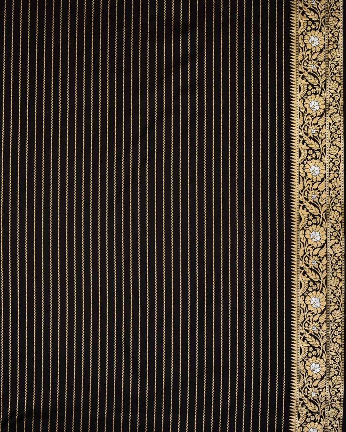 Black Banarasi Dotted Chevron Cutwork Brocade Handwoven Katan Silk Saree - By HolyWeaves, Benares