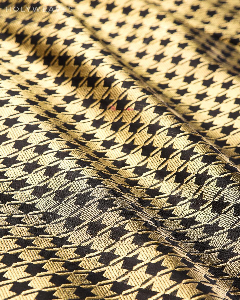 Black Banarasi Double Zari Houndstooth Brocade Handwoven Katan Silk Fabric - By HolyWeaves, Benares