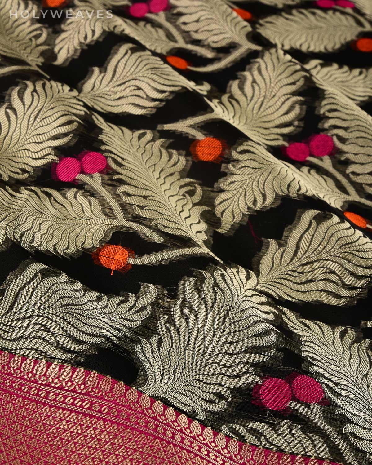 Black Banarasi Feather Cutwork Brocade Woven Art Cotton Silk Saree - By HolyWeaves, Benares