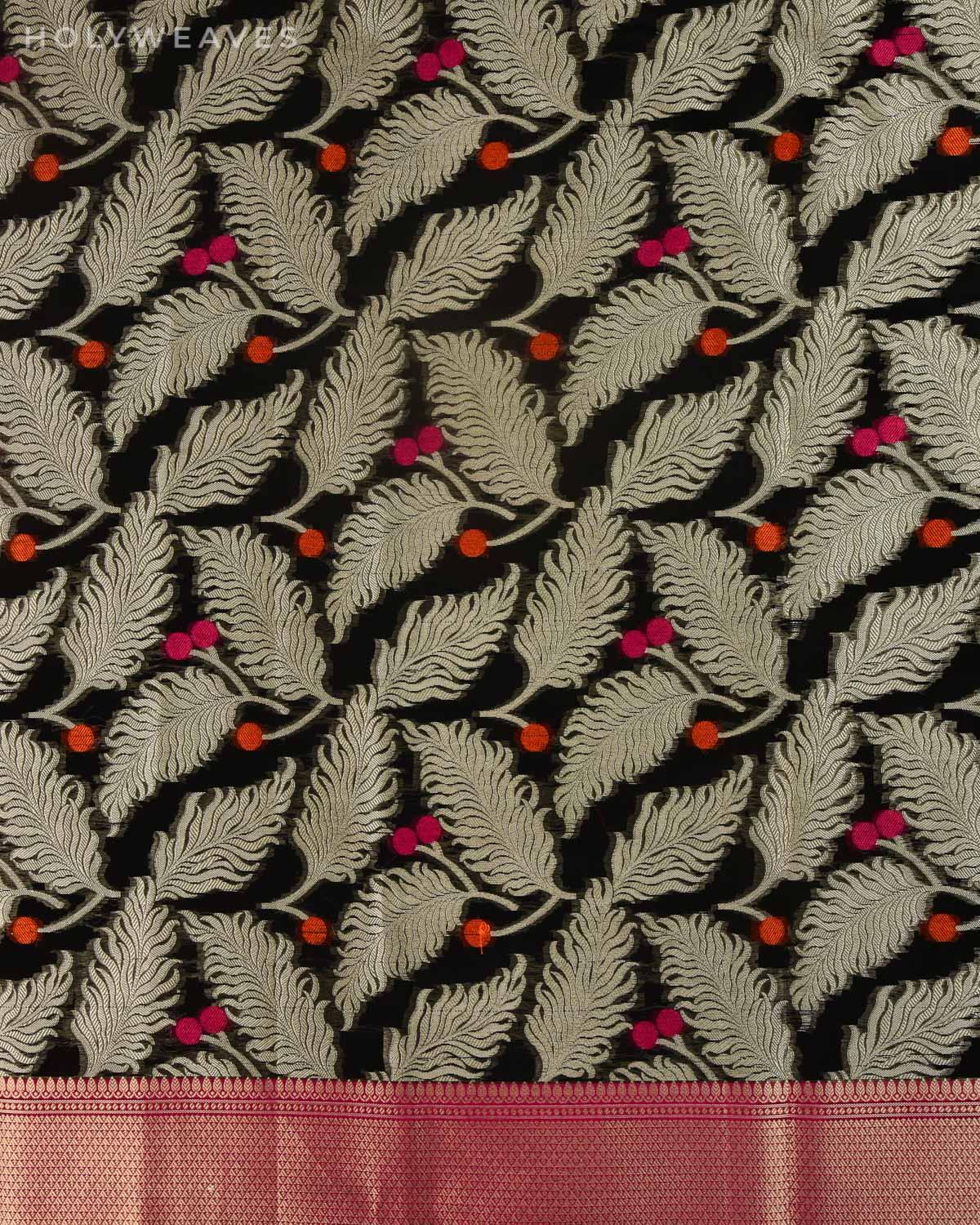 Black Banarasi Feather Cutwork Brocade Woven Art Cotton Silk Saree - By HolyWeaves, Benares