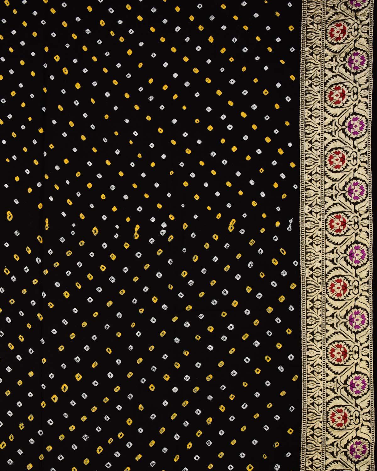 Black Banarasi Gold Zari with Meenekari Cutwork Brocade Handwoven Khaddi Georgette Saree with White & Yellow Bandhej - By HolyWeaves, Benares