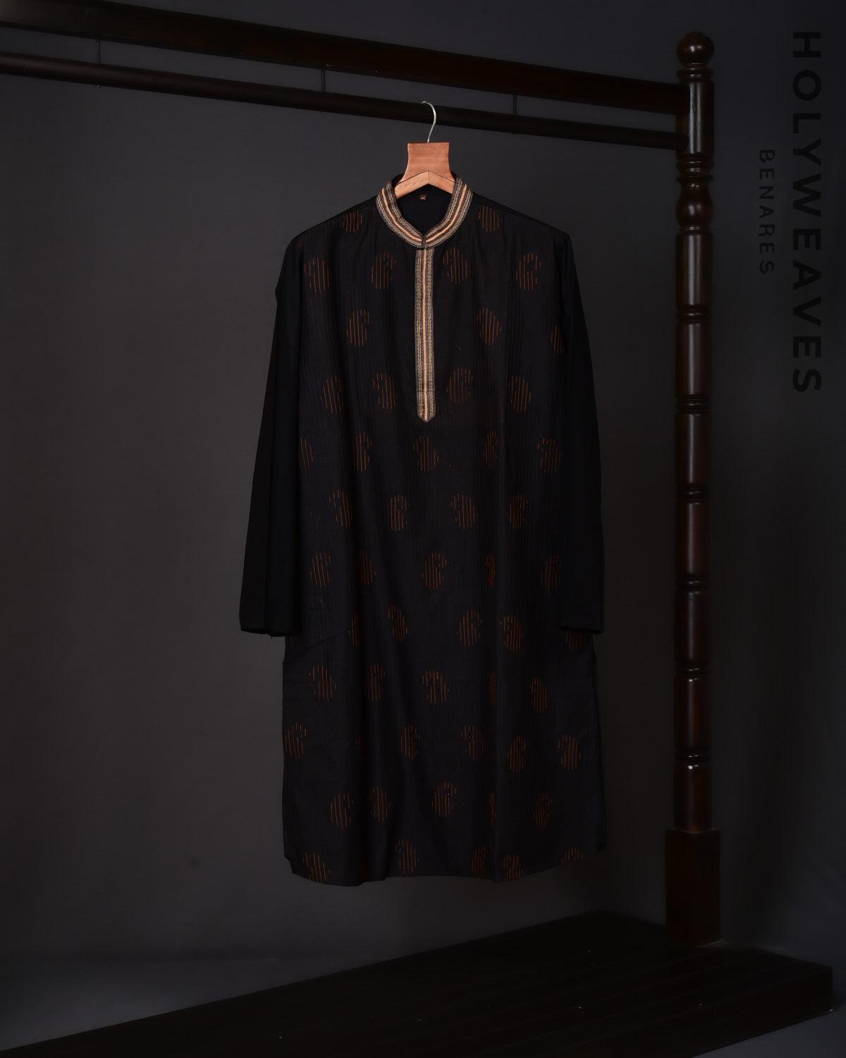 Black Banarasi Hand-embroidered Cotton Silk Mens Kurta Pyjama - By HolyWeaves, Benares