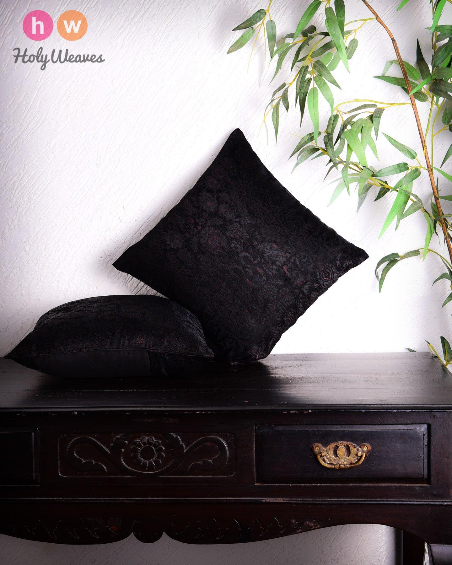Black Banarasi Handloom Kimkhwab Poly Silk Cushion Cover 16" - By HolyWeaves, Benares