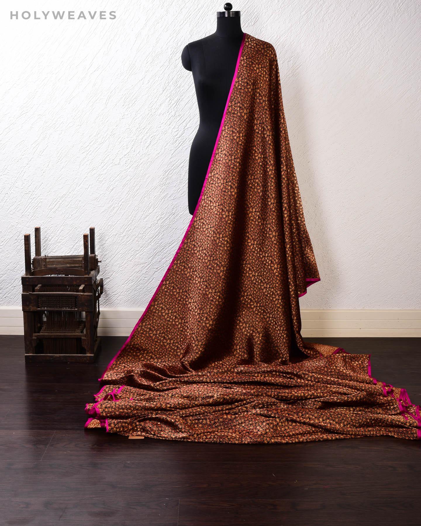 Black Banarasi Jaguar Brocade Handwoven Katan Silk Fabric - By HolyWeaves, Benares