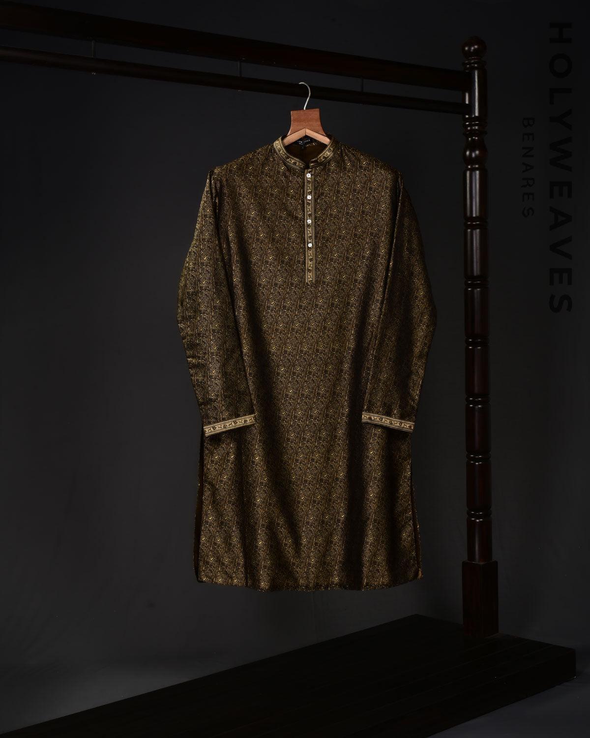 Black Banarasi Jamawar Brocade Handwoven Katan Silk Mens Kurta Pyjama with Zari Accents - By HolyWeaves, Benares