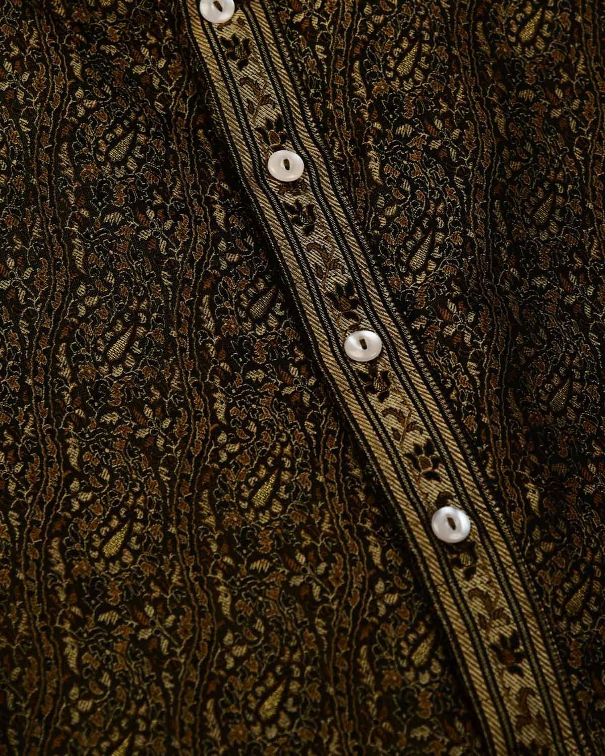 Black Banarasi Jamawar Brocade Handwoven Katan Silk Mens Kurta Pyjama with Zari Accents - By HolyWeaves, Benares