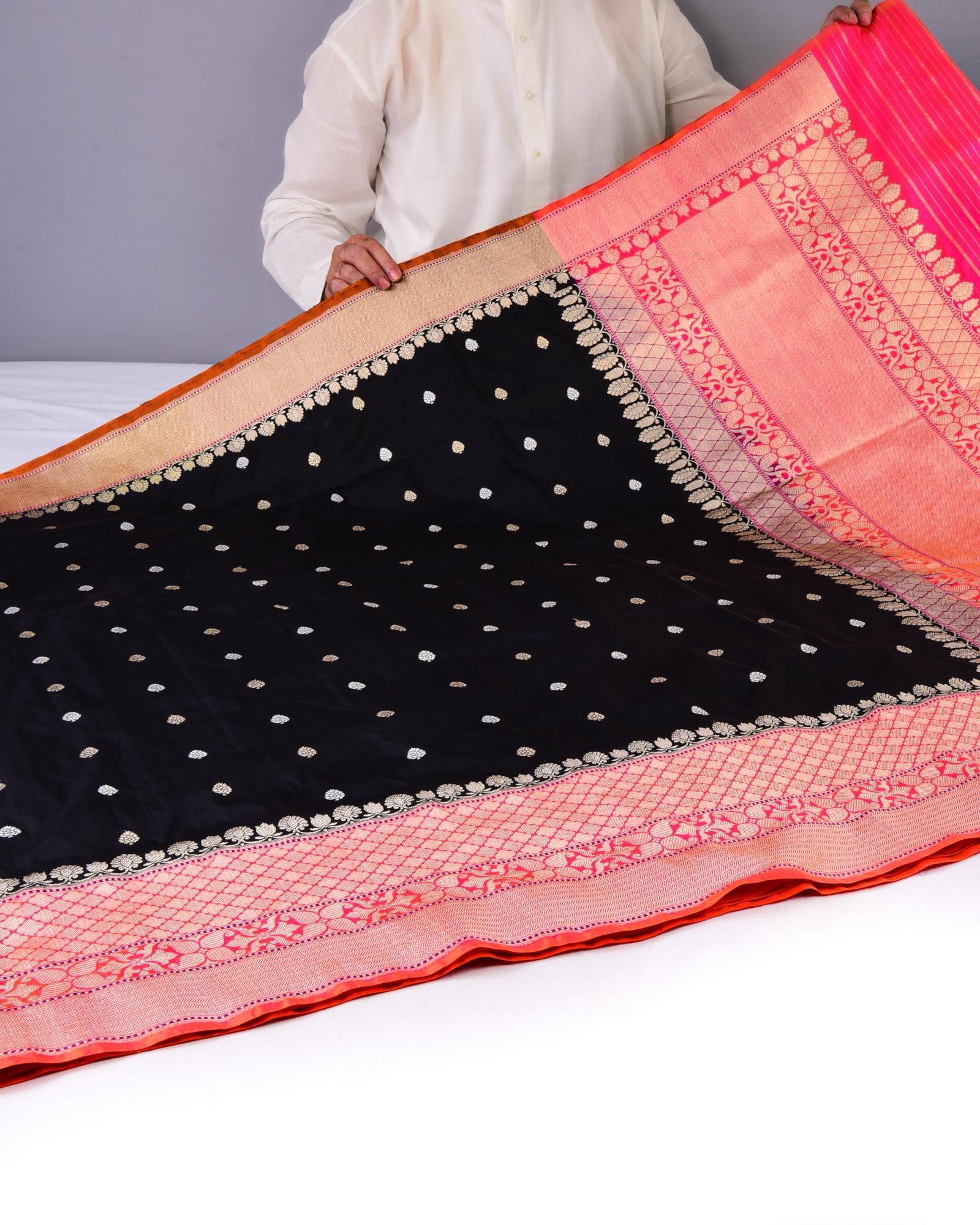 Black Banarasi Kadhuan Brocade Handwoven Katan Silk Saree with Pink Kadiyal Border Pallu - By HolyWeaves, Benares