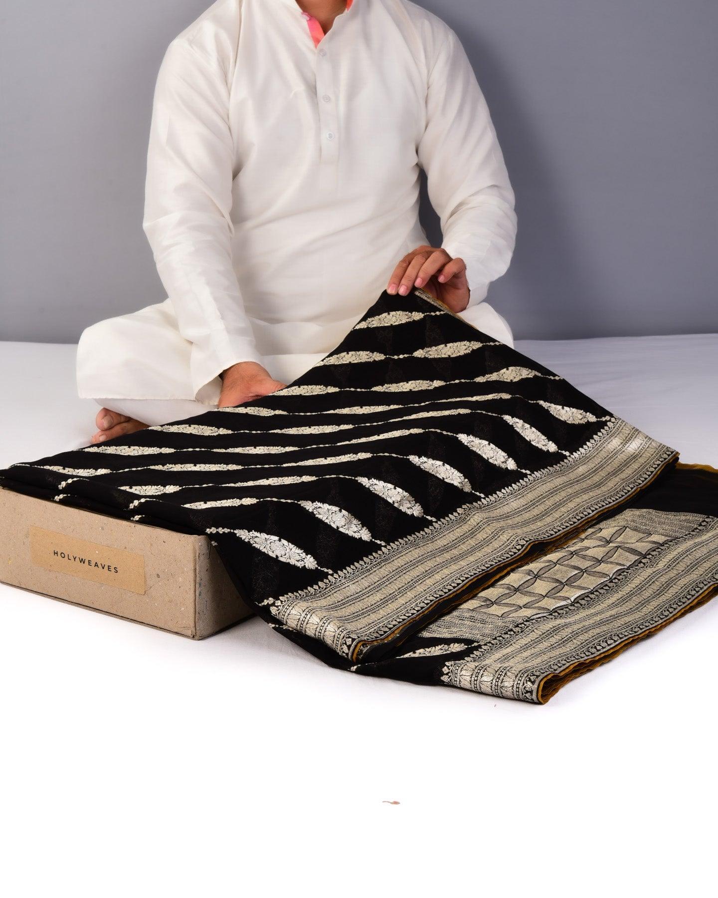 Black Banarasi Leheriya Cutwork Brocade Handwoven Khaddi Georgette Saree with Mustard Lining - By HolyWeaves, Benares