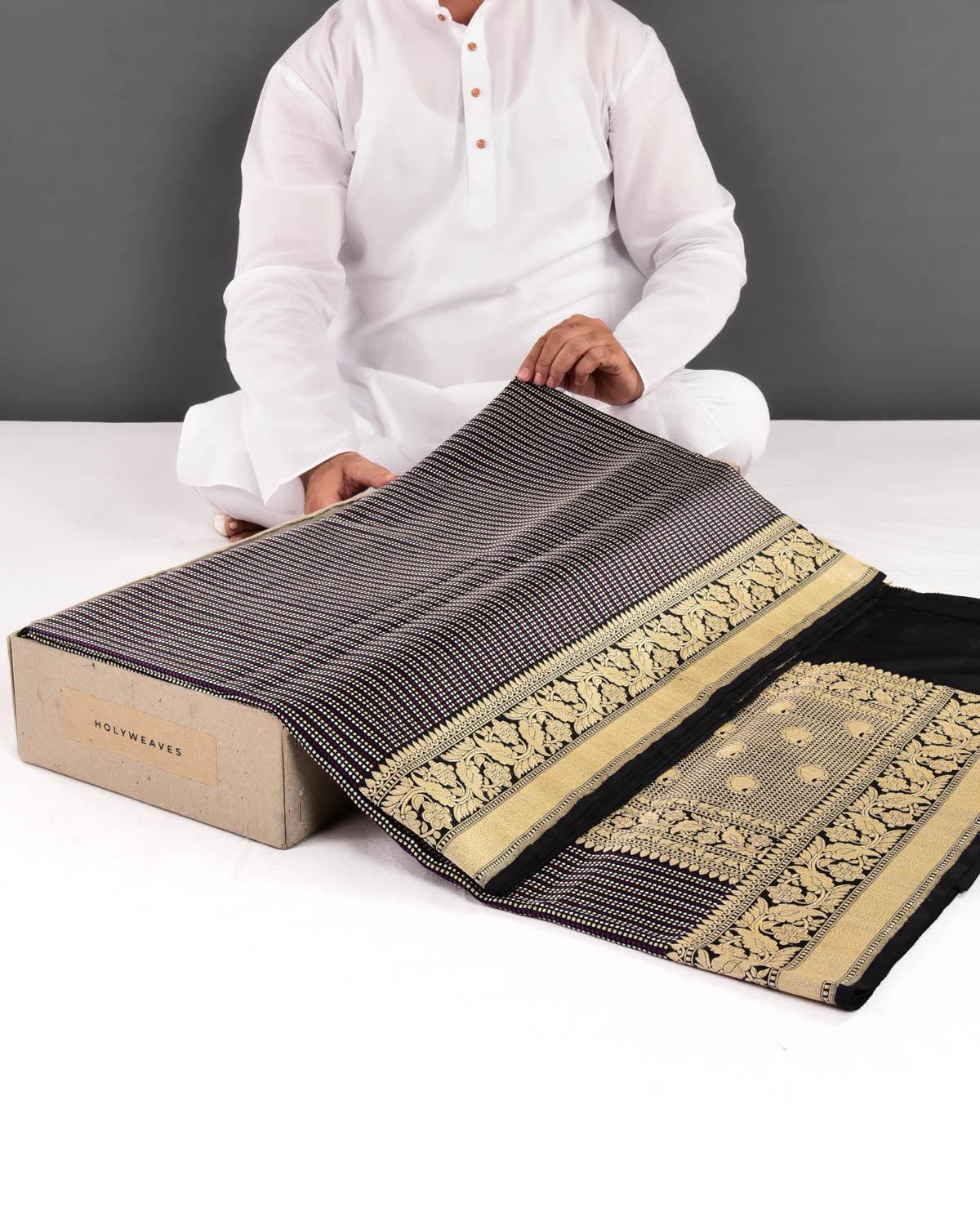 black banarasi multi color dotted stripes gold and silver zari resham tanchoi brocade handwoven katan silk saree 1