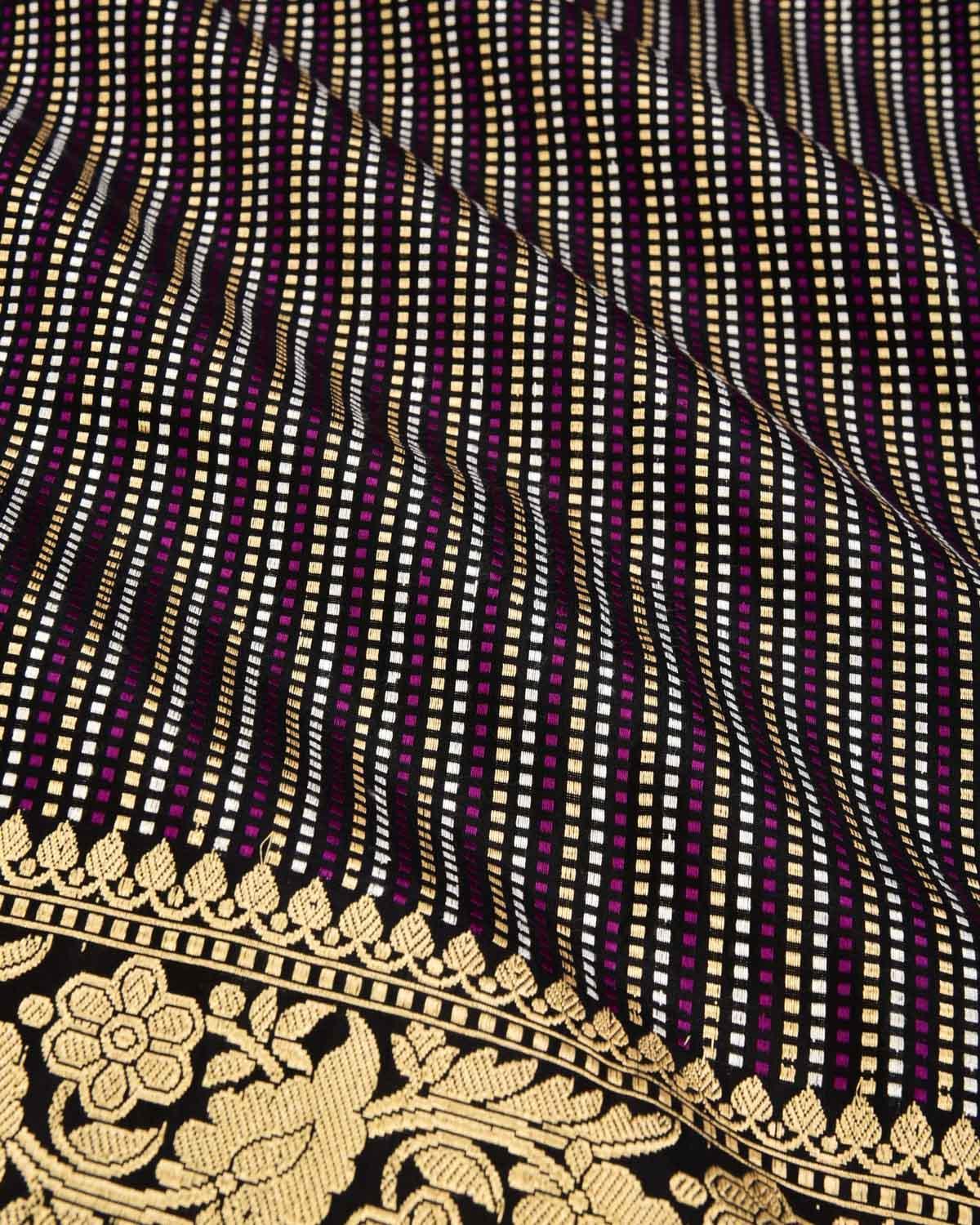 Black Banarasi Multi Color Dotted Stripes Gold & Silver Zari Resham Tanchoi Brocade Handwoven Katan Silk Saree - By HolyWeaves, Benares