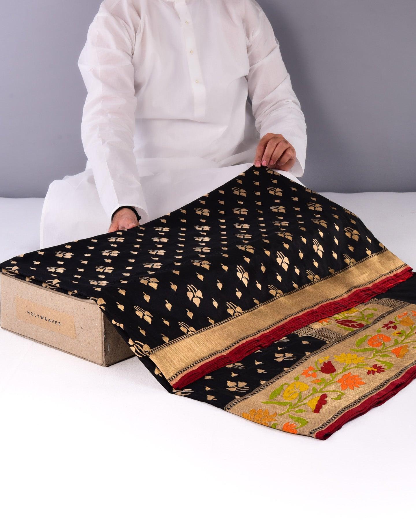 Black Banarasi Paithani Cutwork Brocade Handwoven Katan Silk Saree - By HolyWeaves, Benares