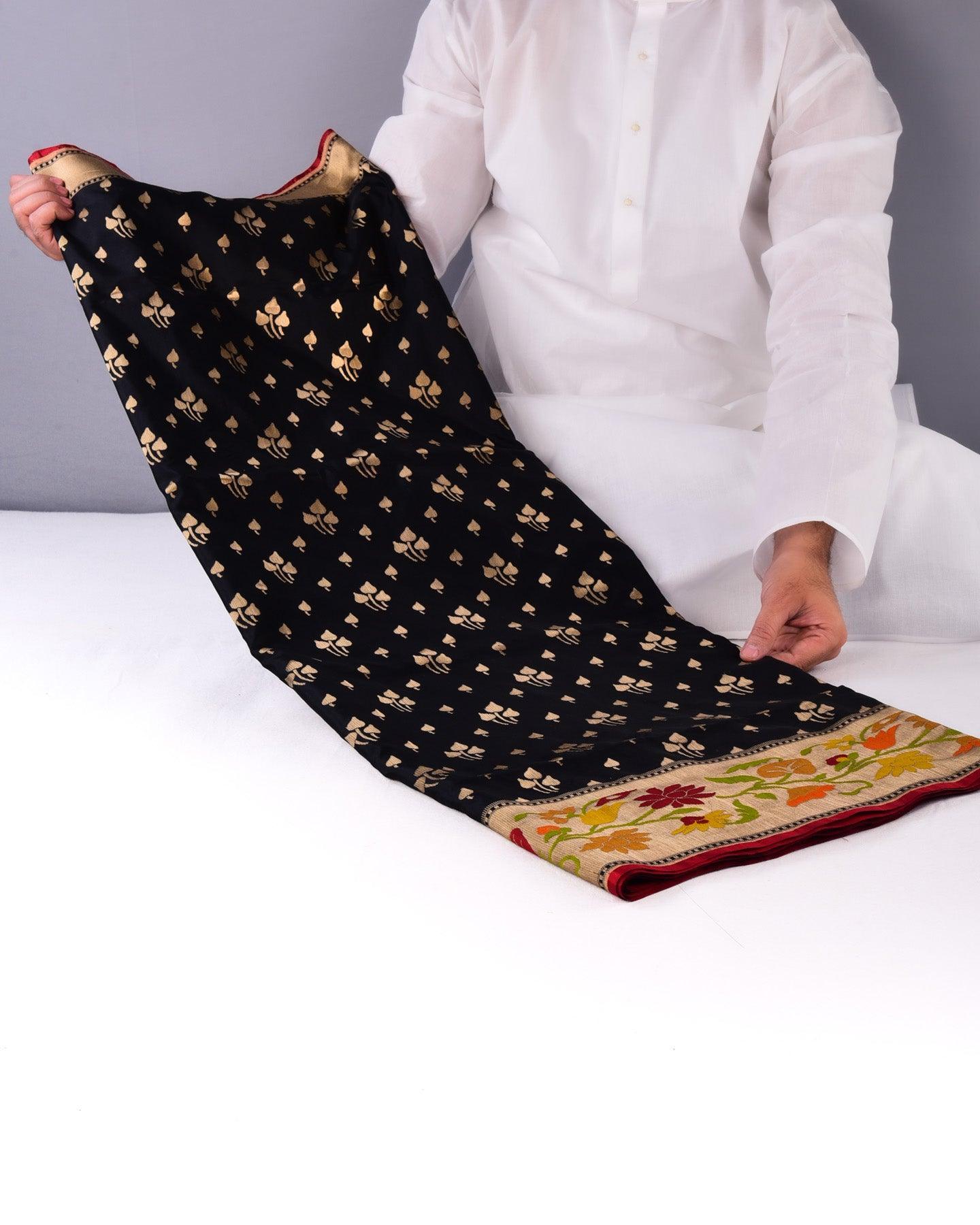 Black Banarasi Paithani Cutwork Brocade Handwoven Katan Silk Saree - By HolyWeaves, Benares