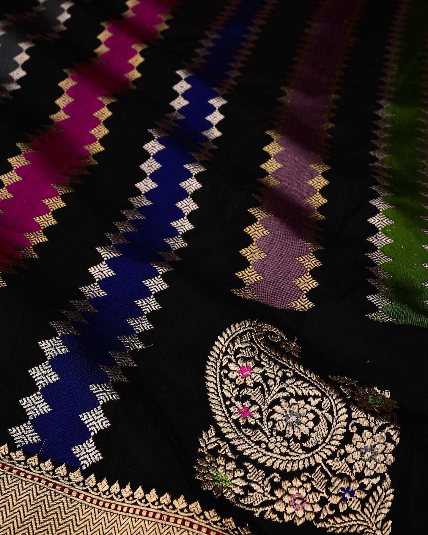 Black Banarasi Rangkaat Meena Stripes Kadhuan Brocade Handwoven Katan Silk Dupatta with Koniya Buta - By HolyWeaves, Benares