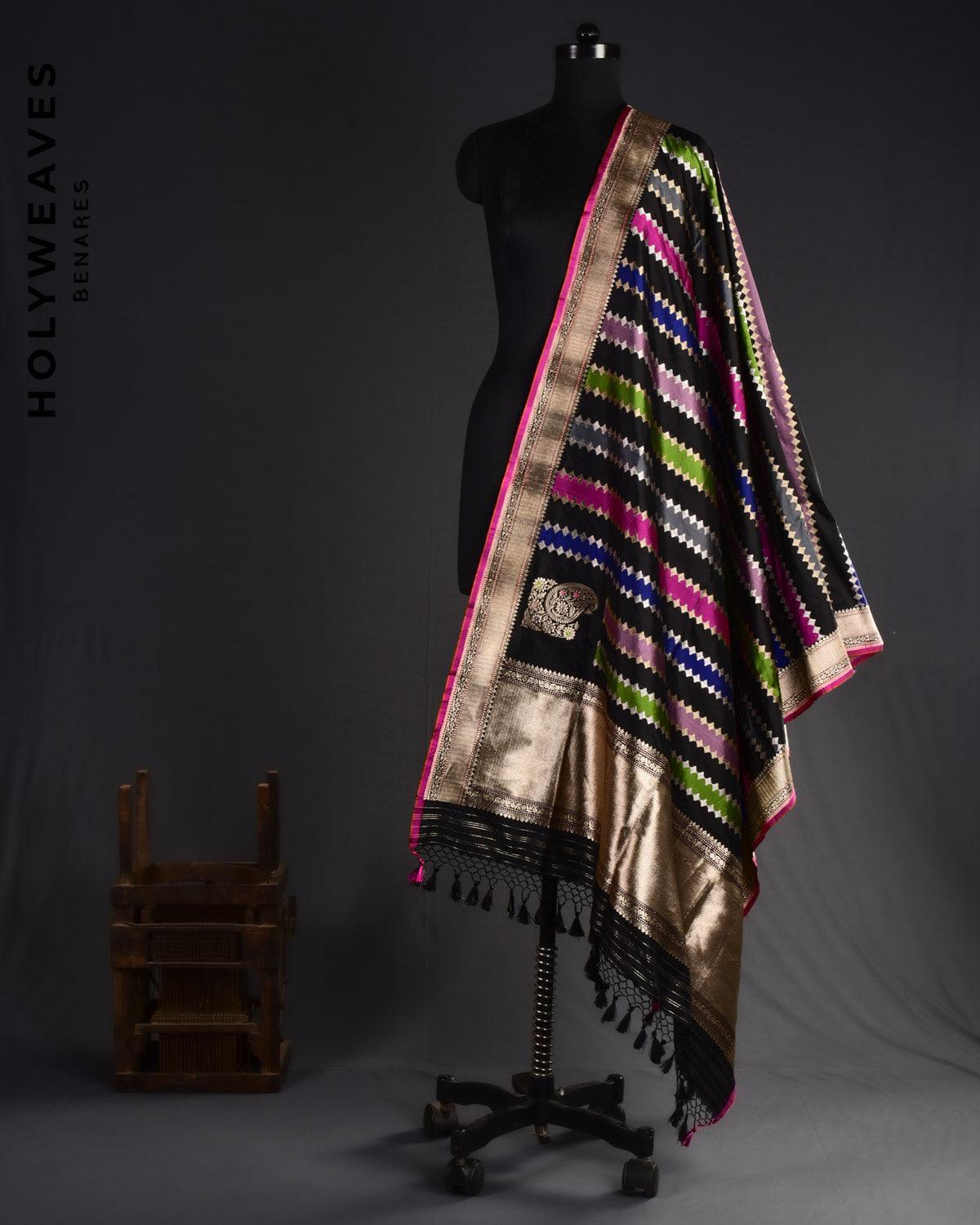 Black Banarasi Rangkaat Meena Stripes Kadhuan Brocade Handwoven Katan Silk Dupatta with Koniya Buta - By HolyWeaves, Benares