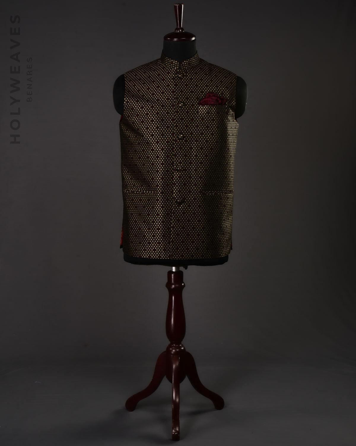 Black Banarasi Resham Brocade Handwoven Blended Silk Mens Modi Jacket - By HolyWeaves, Benares