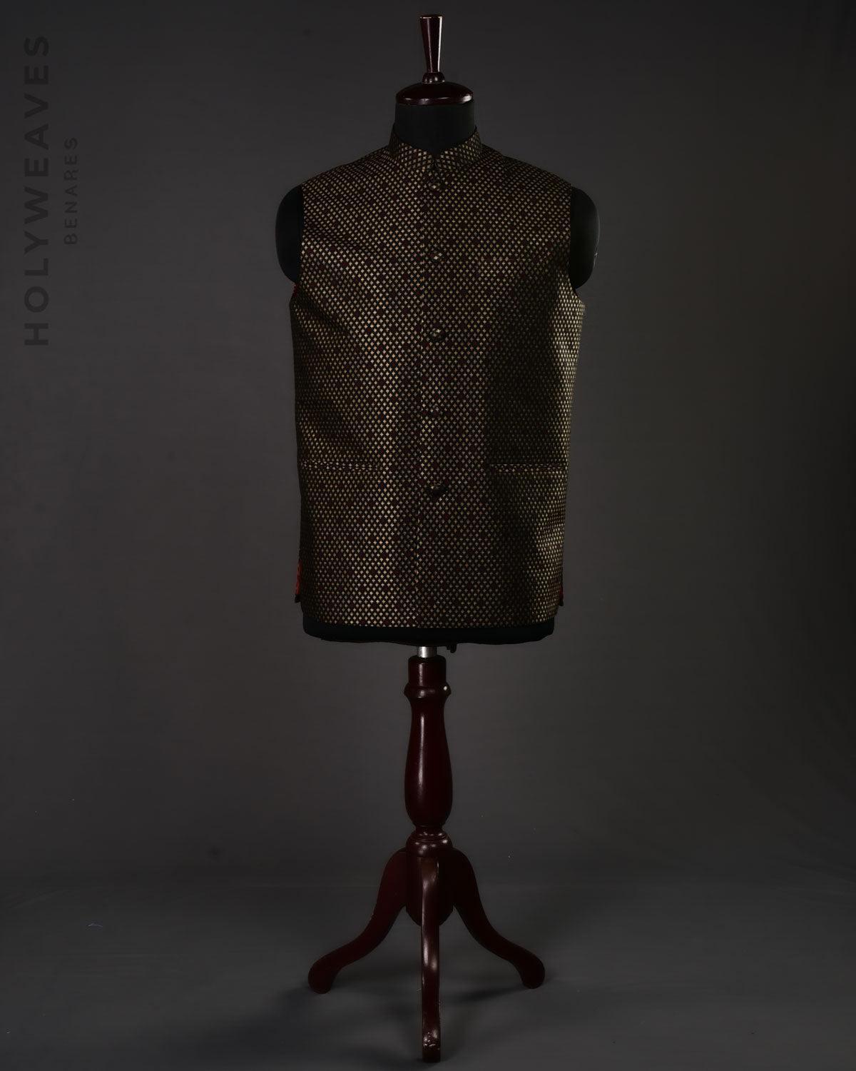 Black Banarasi Resham Brocade Handwoven Blended Silk Mens Modi Jacket - By HolyWeaves, Benares