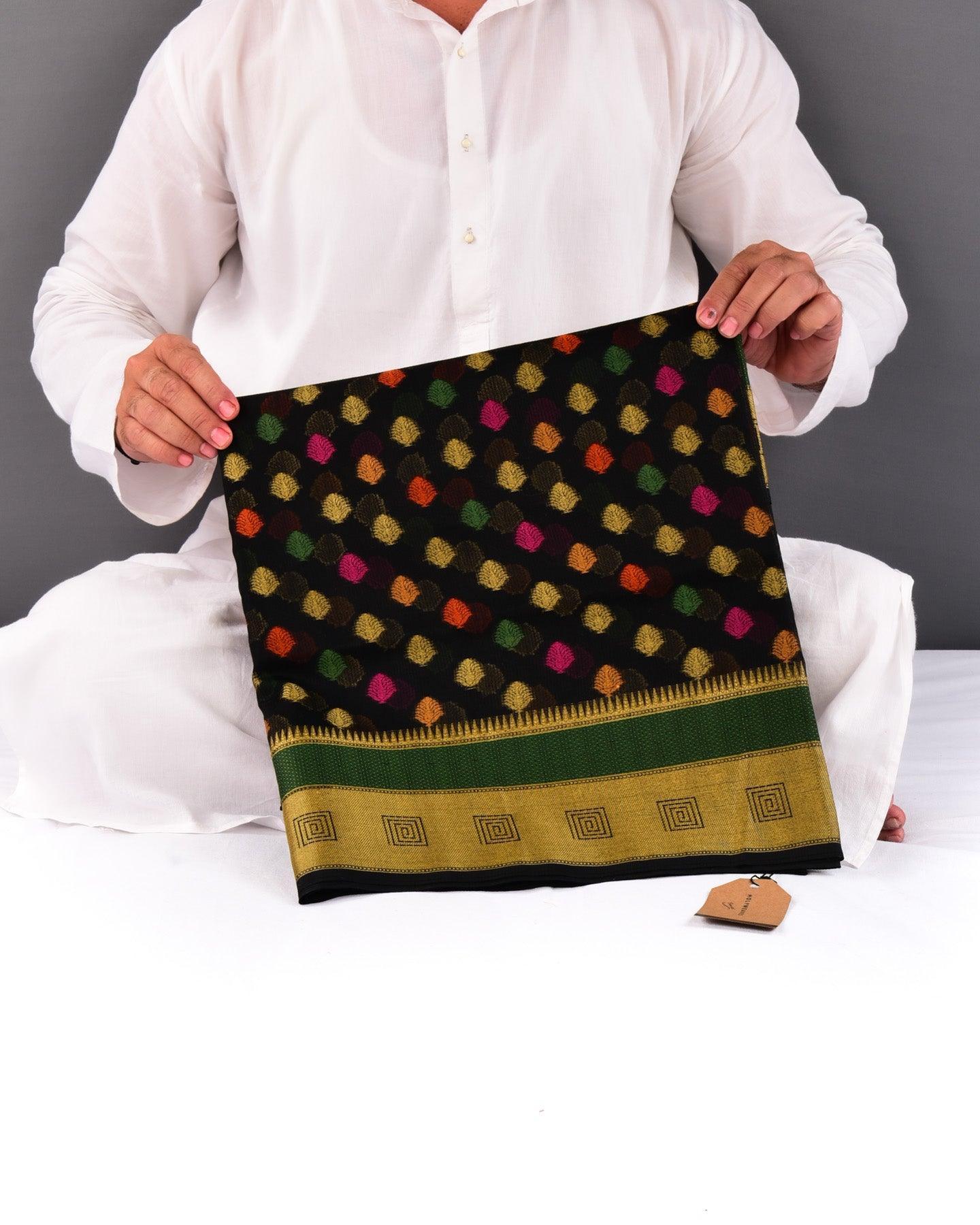 Black Banarasi Striped Texture Resham Buti Cutwork Brocade Woven Blended Cotton Silk Saree - By HolyWeaves, Benares