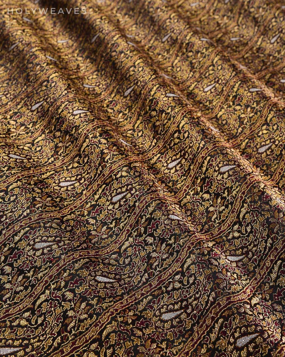 Black Banarasi Tehra Jamawar Brocade Handwoven Katan Silk Fabric - By HolyWeaves, Benares