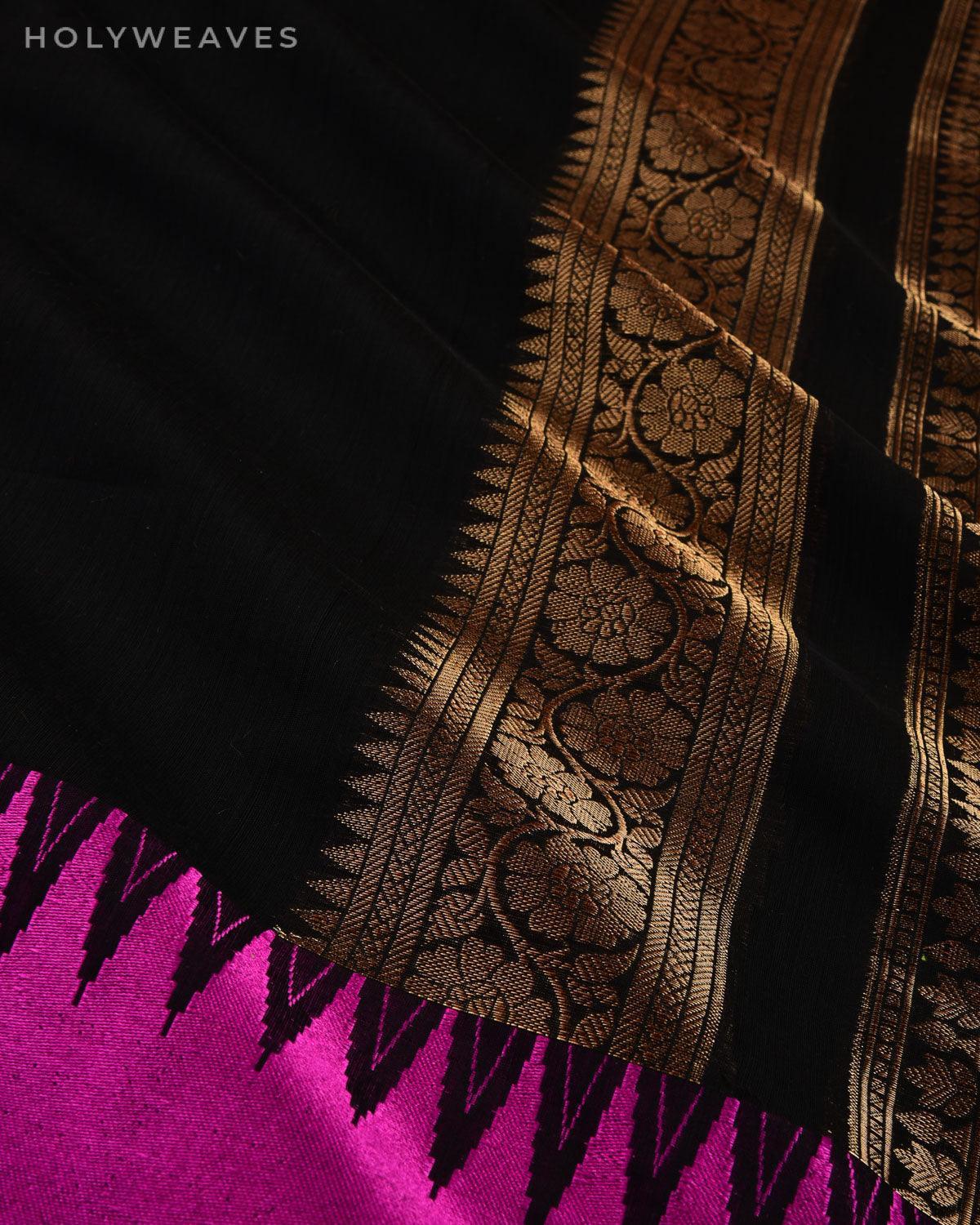 Black Banarasi Temple Border Cutwork Brocade Woven Cotton Silk Saree - By HolyWeaves, Benares