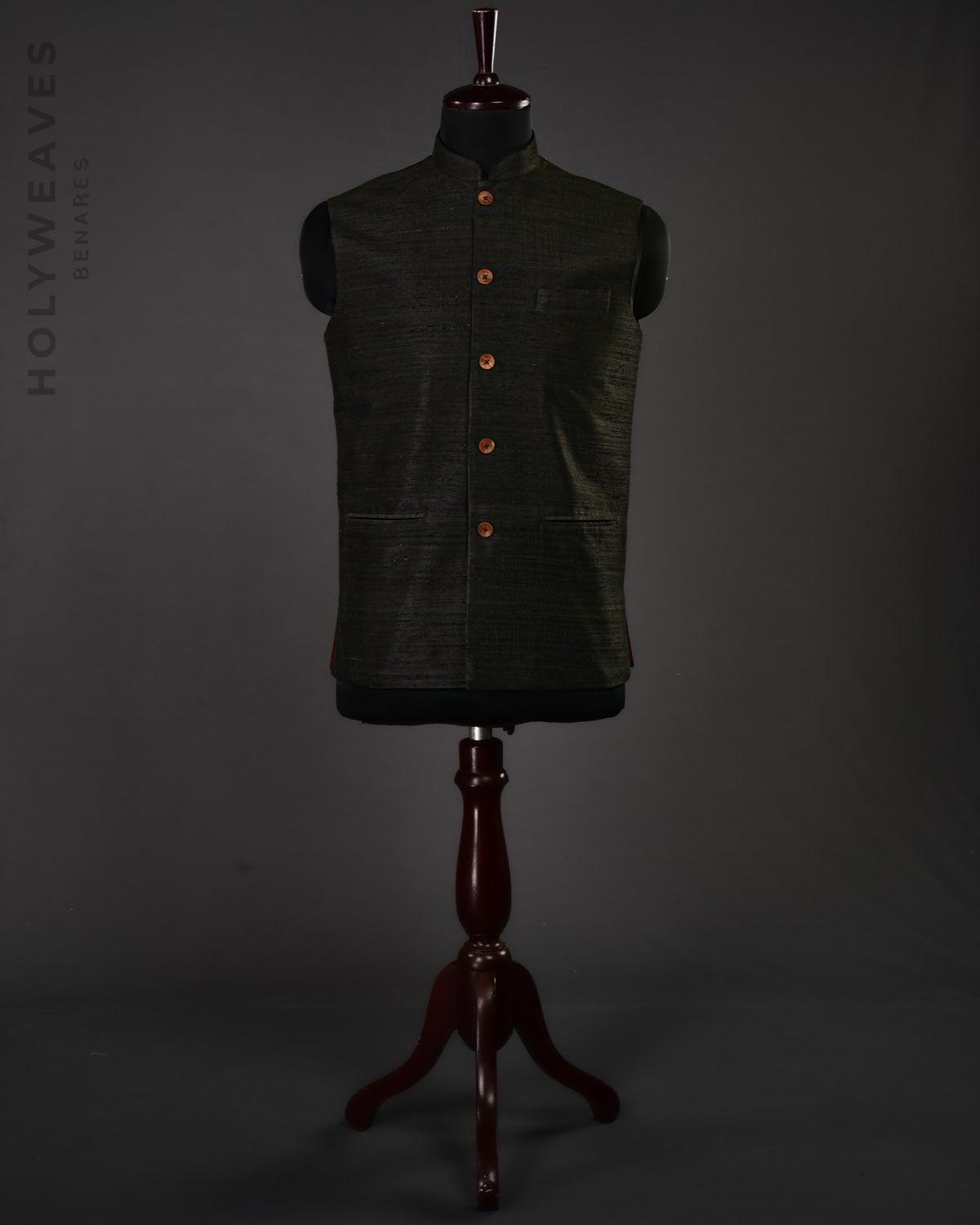 Black Banarasi Textured Handwoven Raw Silk Mens Modi Jacket - By HolyWeaves, Benares