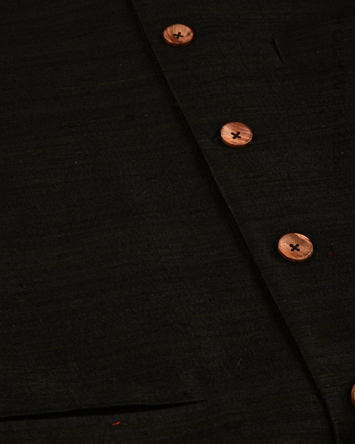 Black Banarasi Textured Handwoven Raw Silk Mens Modi Jacket - By HolyWeaves, Benares