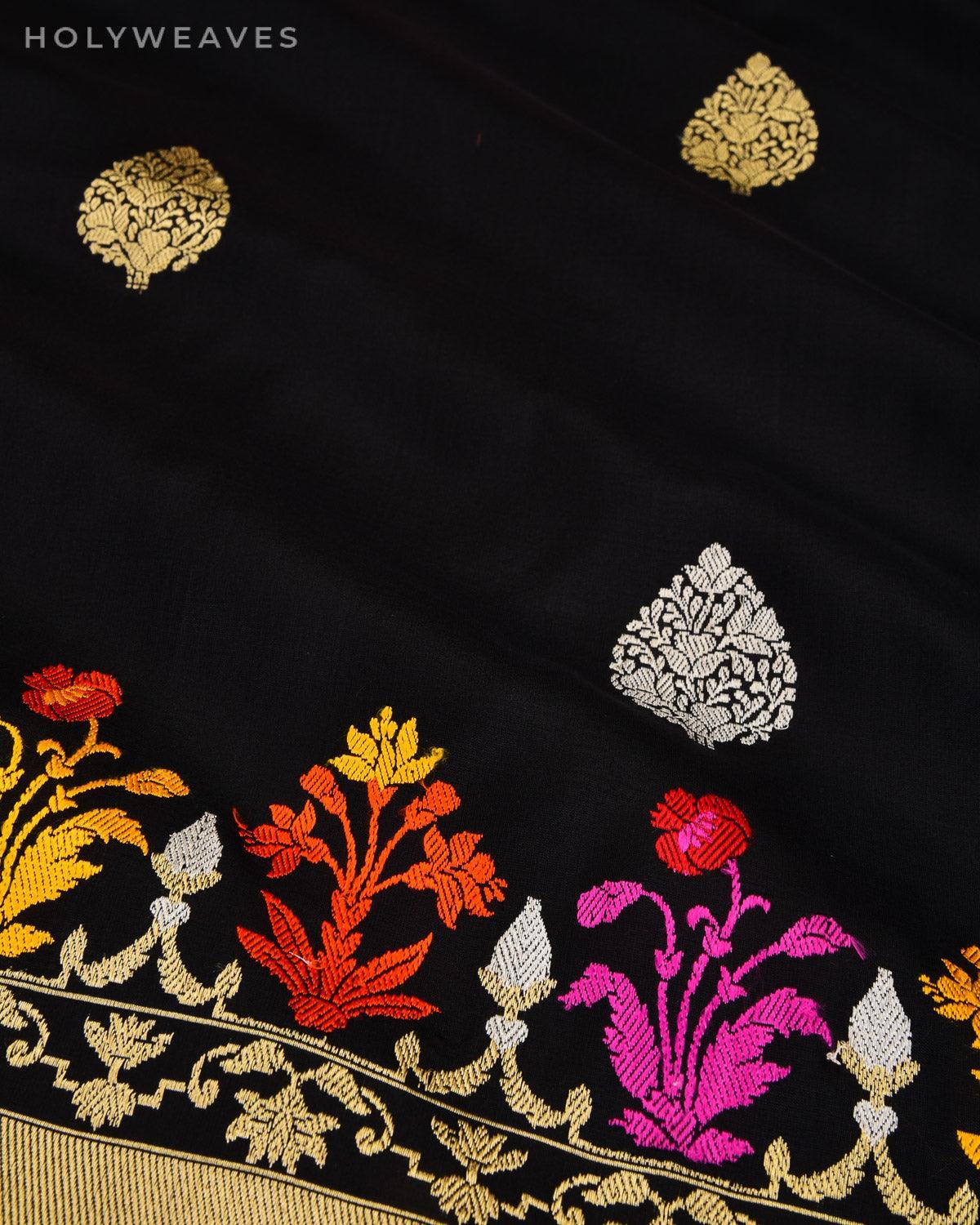 Black Banarasi Tulip Garden Kadhuan Brocade Handwoven Katan Silk Saree - By HolyWeaves, Benares