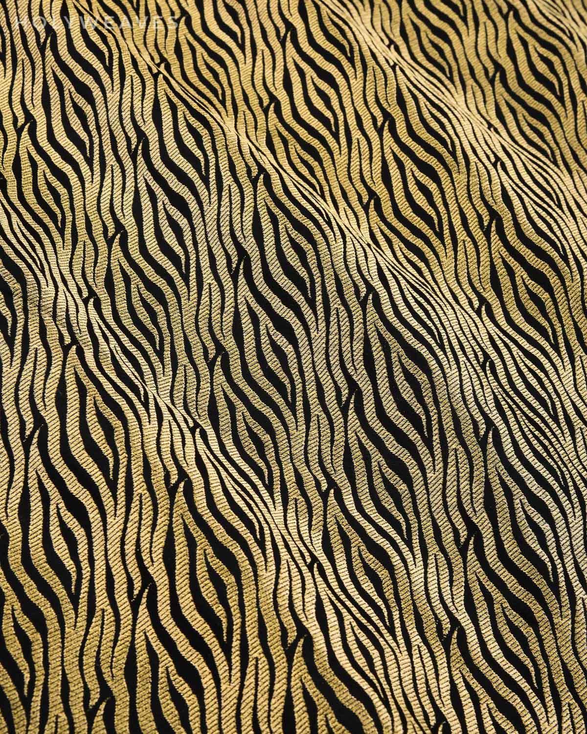 Black Banarasi Zebra Zari Mini-Stripes Brocade Handwoven Katan Silk Fabric - By HolyWeaves, Benares