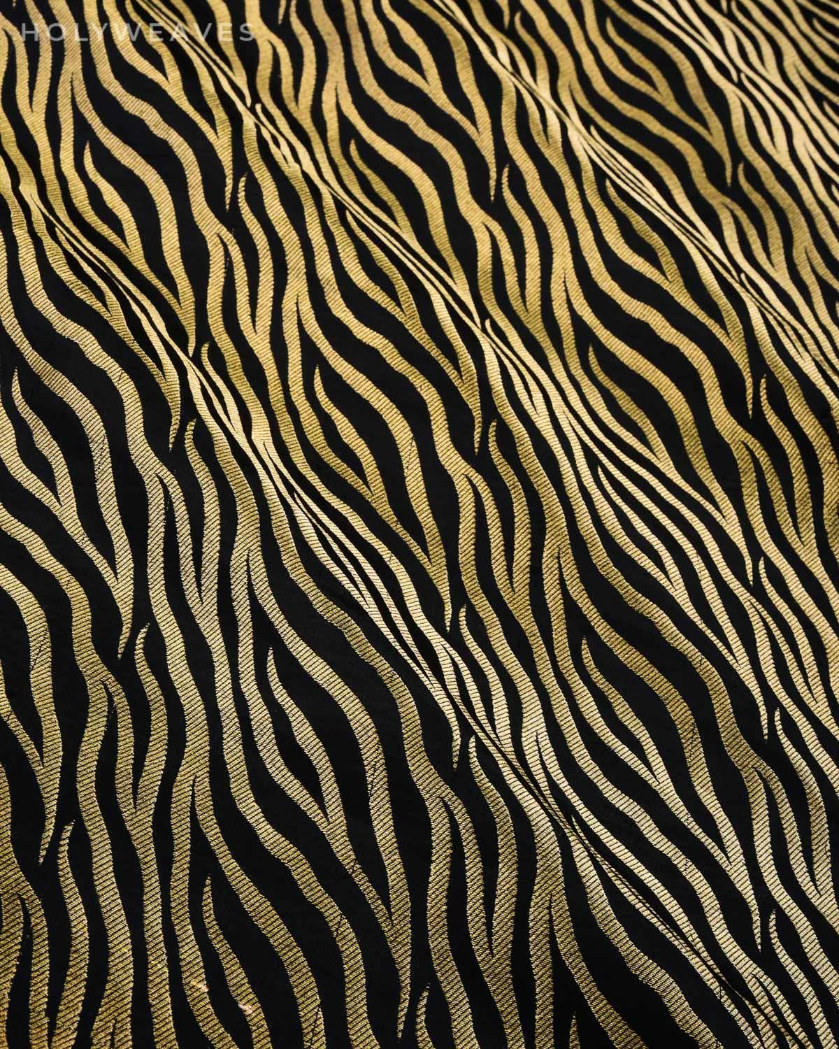 Black Banarasi Zebra Zari Stripes Brocade Handwoven Katan Silk Fabric - By HolyWeaves, Benares