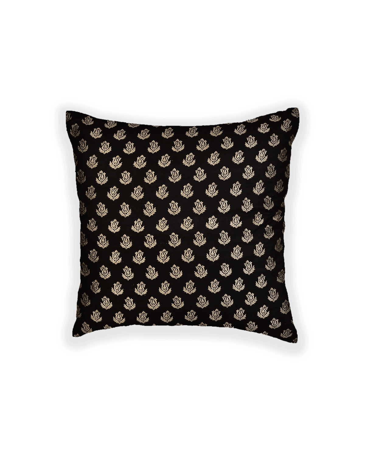Black Brocade Handwoven Pure Silk Cushion Cover with Satin Back 16" - By HolyWeaves, Benares