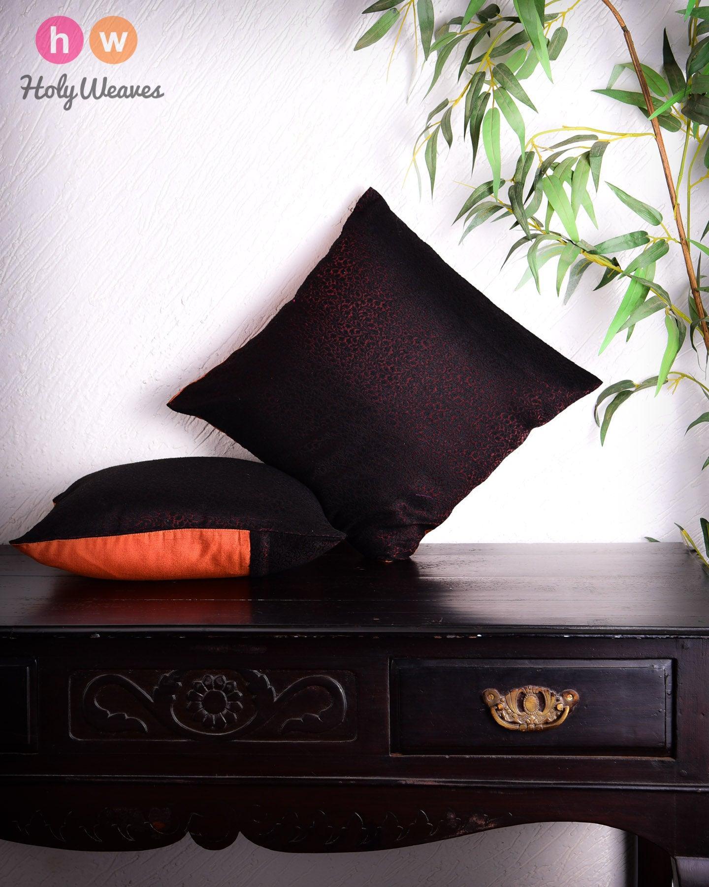 Black Bronze Banarasi Resham Brocade Poly Cotton Cushion Cover 16" - By HolyWeaves, Benares