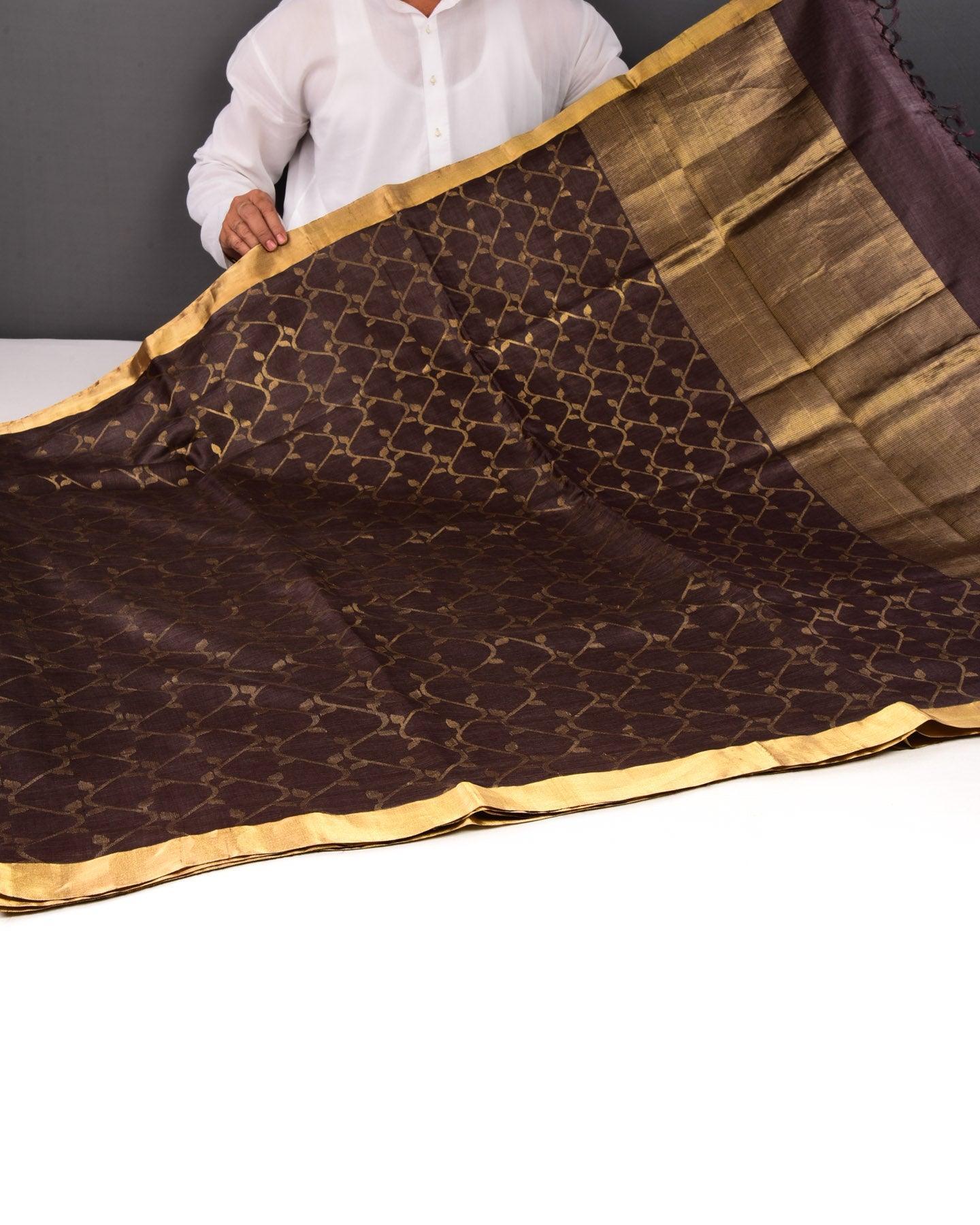 Black Coffee Brown Creeper Jaal Kadhuan Brocade Handwoven Tasar Silk Saree - By HolyWeaves, Benares