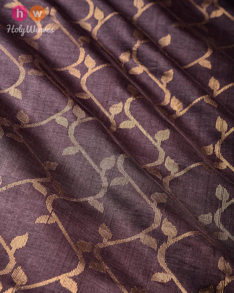 Black Coffee Brown Creeper Jaal Kadhuan Brocade Handwoven Tasar Silk Saree - By HolyWeaves, Benares