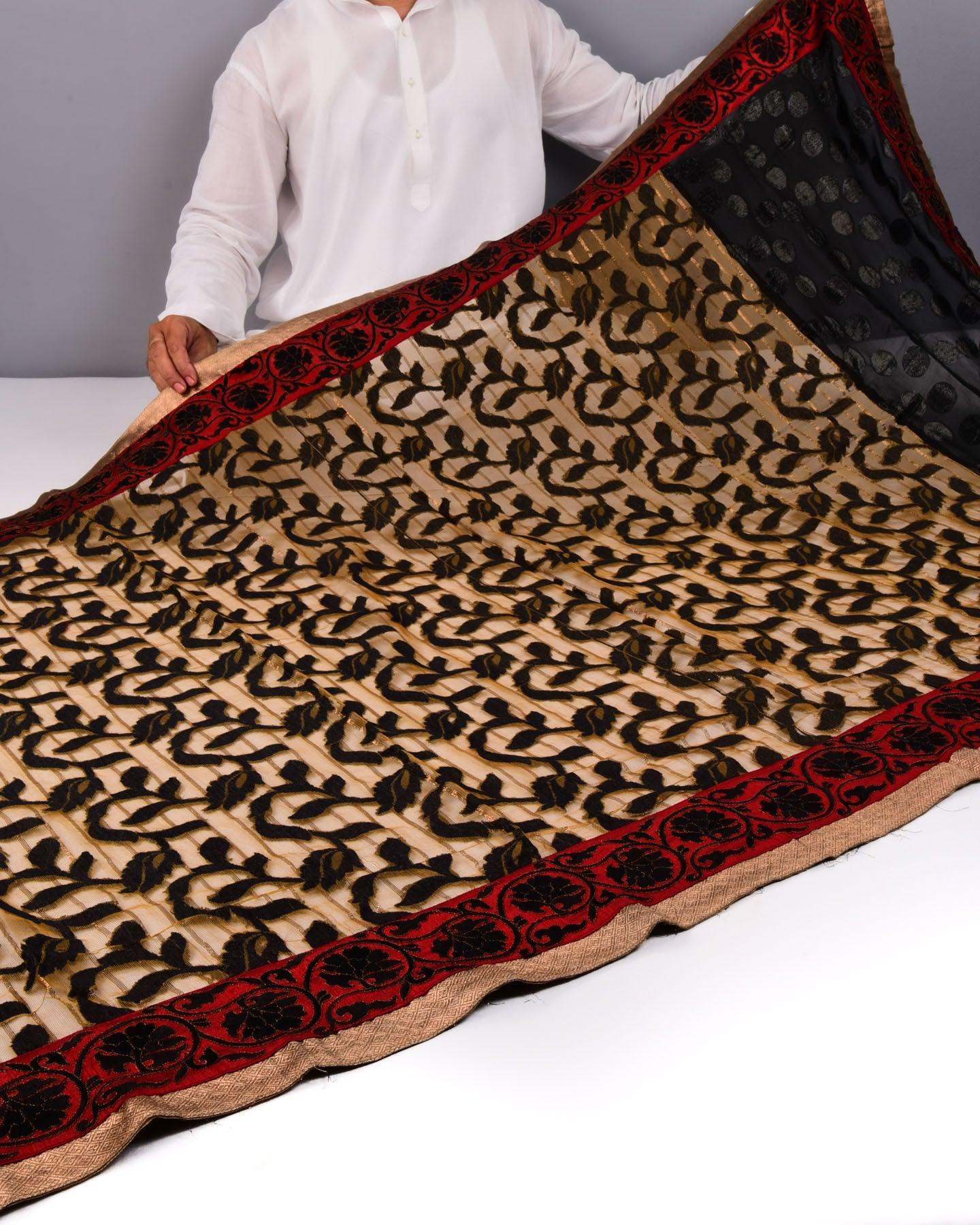 Black Hand-embroidered Handloom Net Saree - By HolyWeaves, Benares