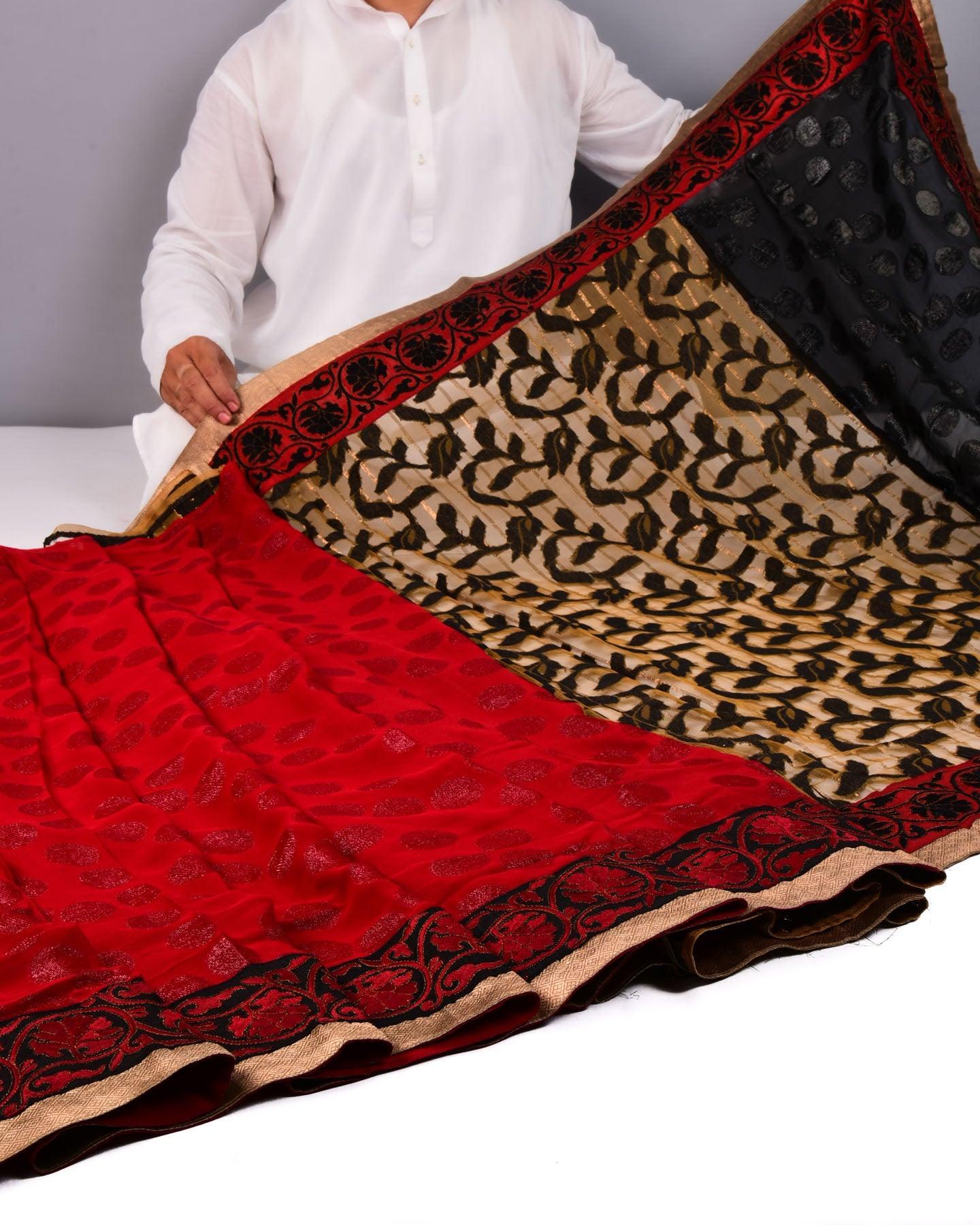 Black Hand-embroidered Handloom Net Saree - By HolyWeaves, Benares
