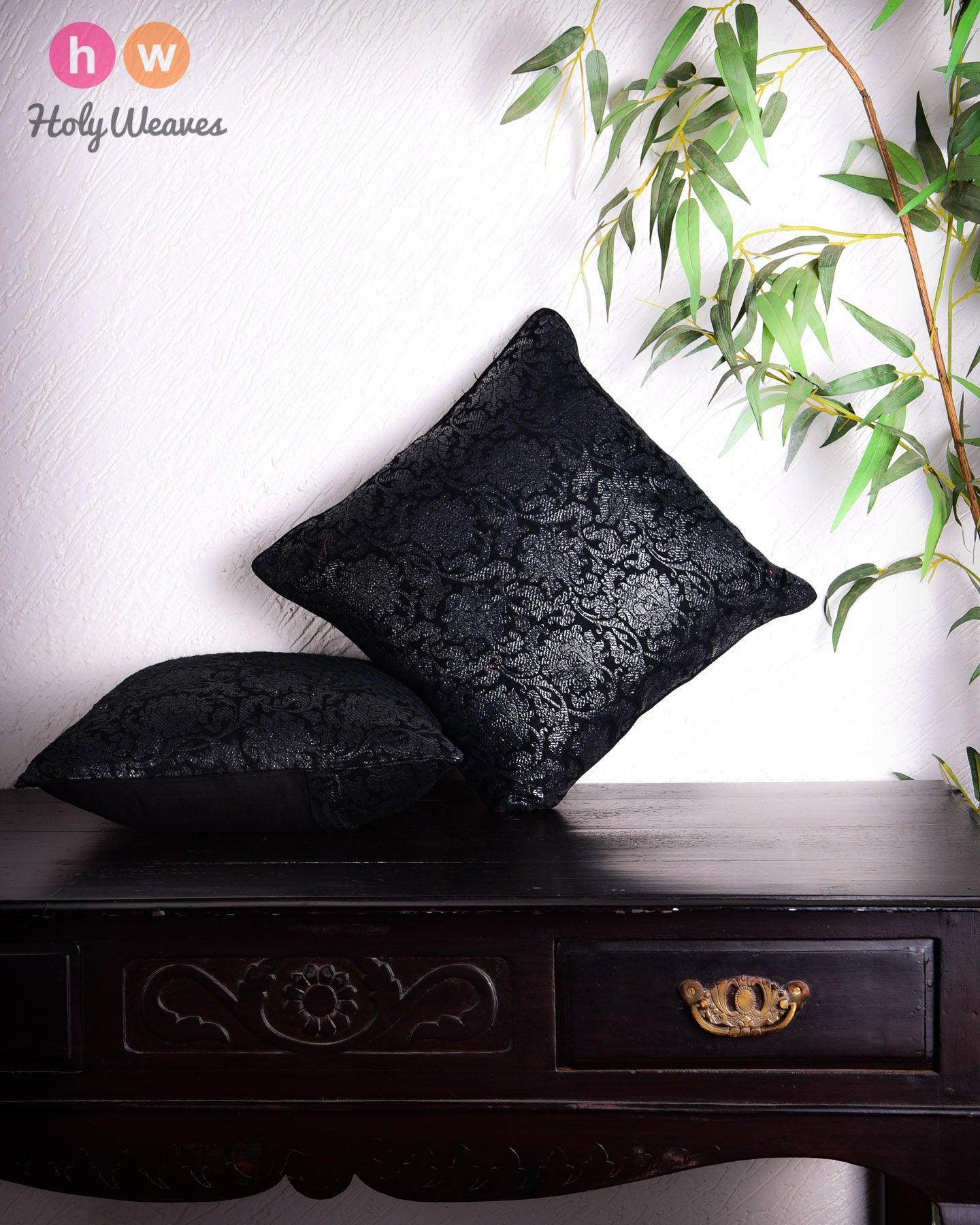Black Handloom Lurex Damask Cotton Cushion Cover 16" - By HolyWeaves, Benares