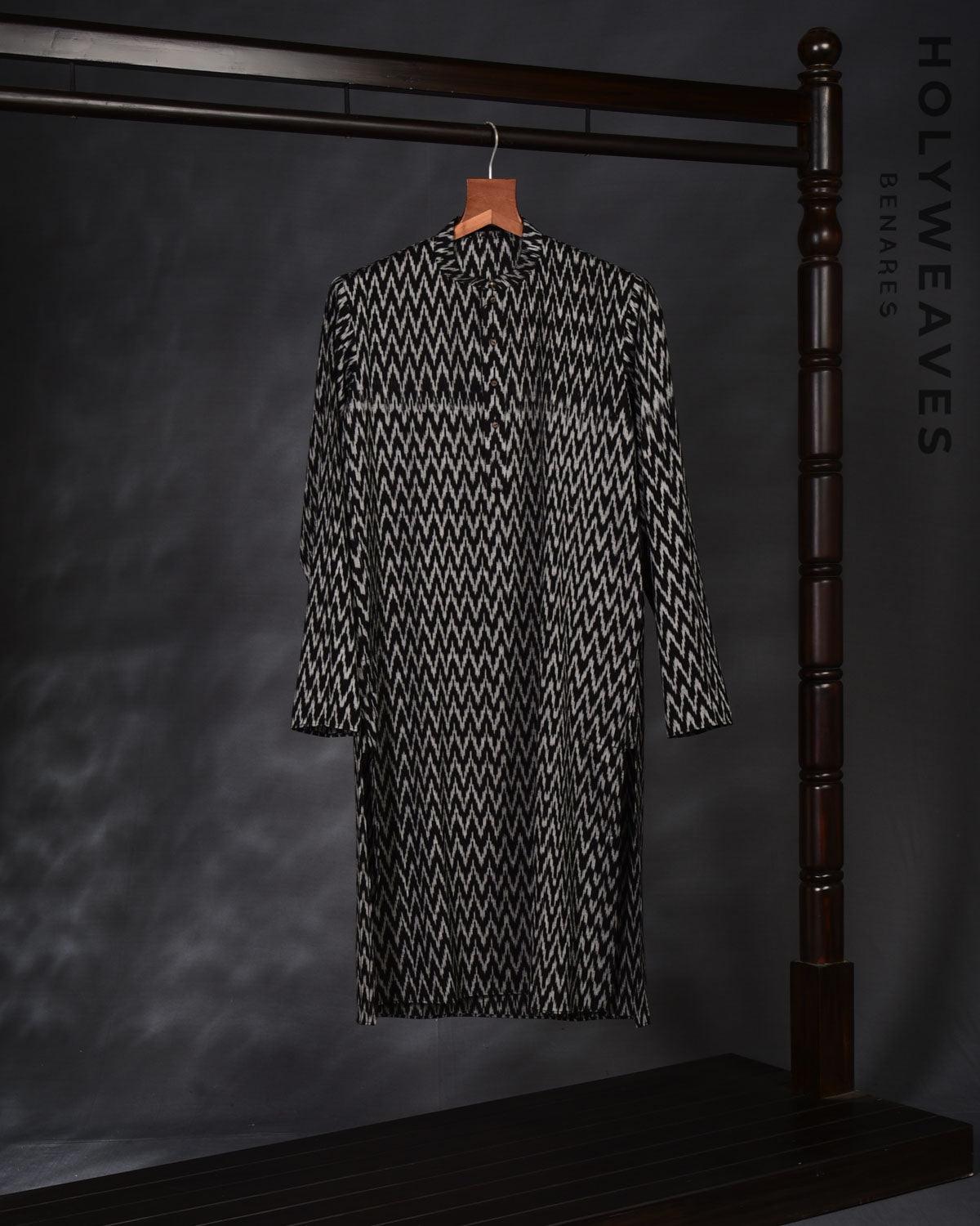 Black Ikat Cotton Silk Mens Kurta Pyjama - By HolyWeaves, Benares
