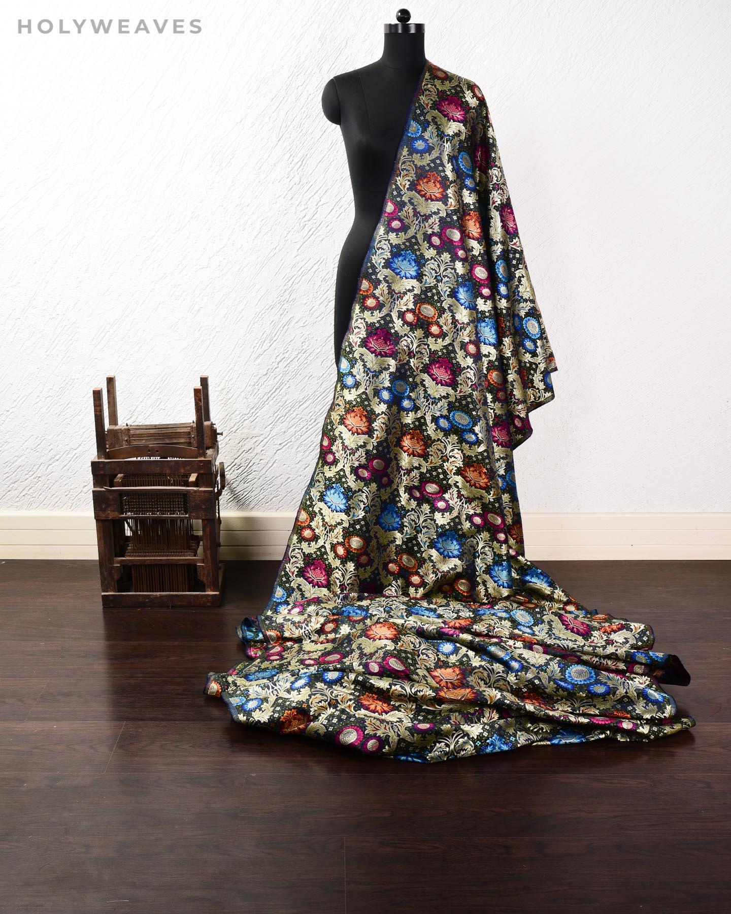 Black Navy Blue Banarasi Kimkhwab Brocade Handwoven Viscose Silk Fabric - By HolyWeaves, Benares