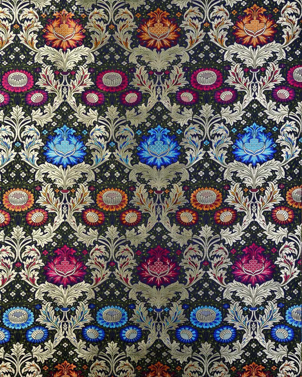 Black Navy Blue Banarasi Kimkhwab Brocade Handwoven Viscose Silk Fabric - By HolyWeaves, Benares
