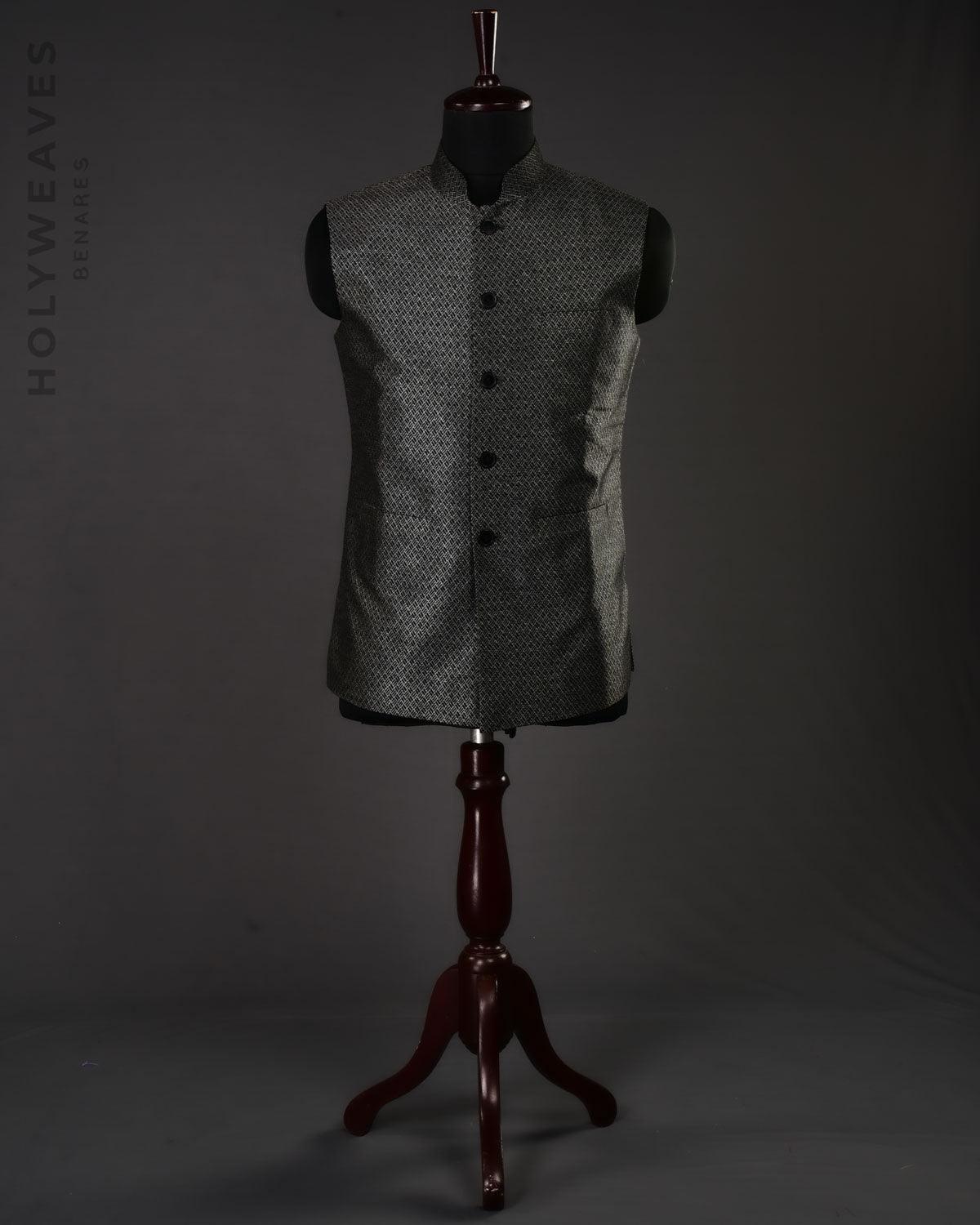 Black Noil Silk Brocade Slim Fit Mens Modi Jacket - By HolyWeaves, Benares