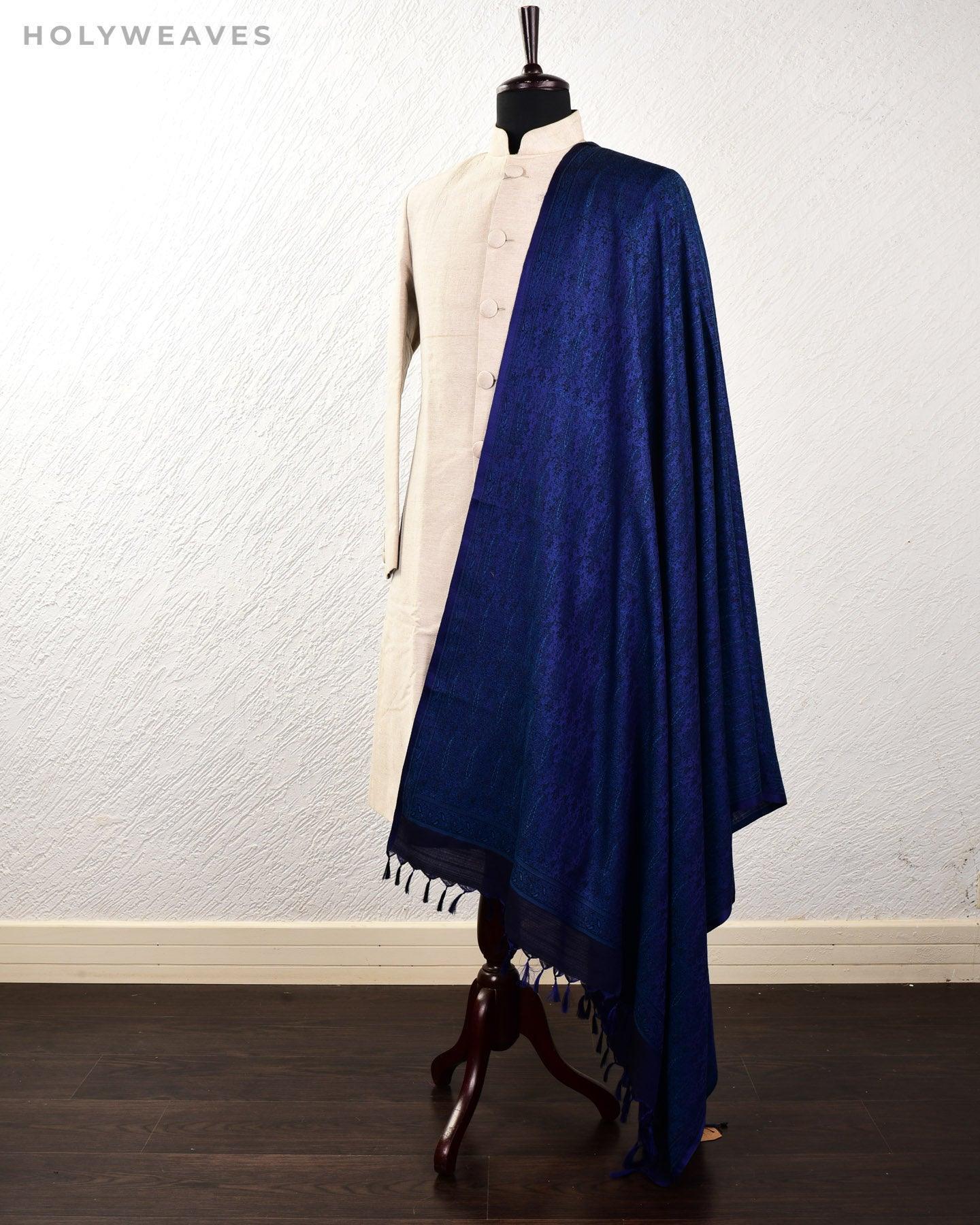 Black On Blue Banarasi Alfi Paisley Jamawar Handwoven Silk-wool Shawl - By HolyWeaves, Benares