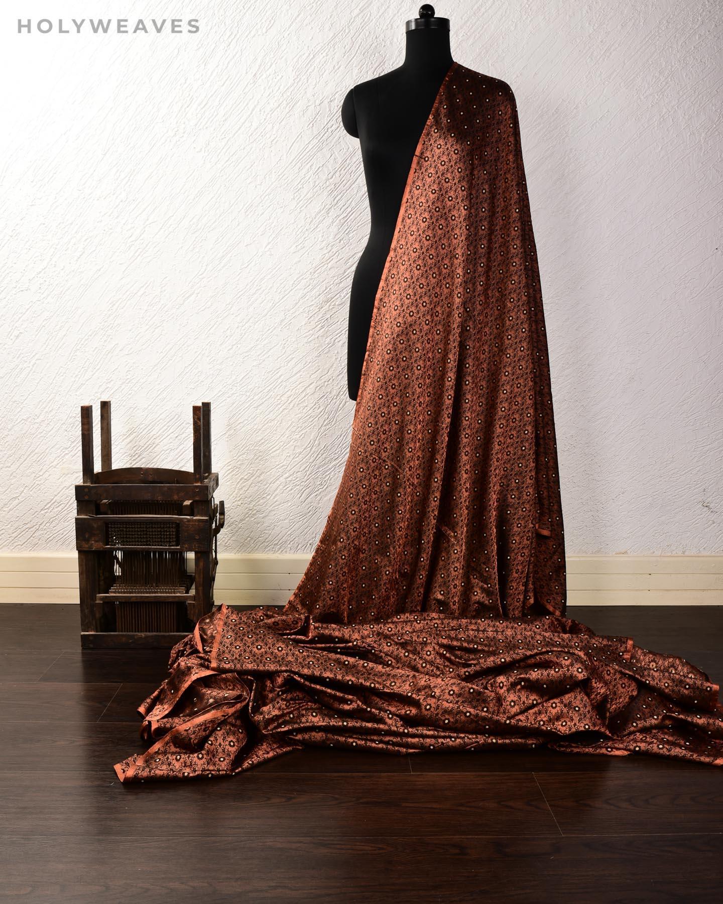 Black On Brown Banarasi Tanchoi Brocade Handwoven Katan Silk Fabric - By HolyWeaves, Benares