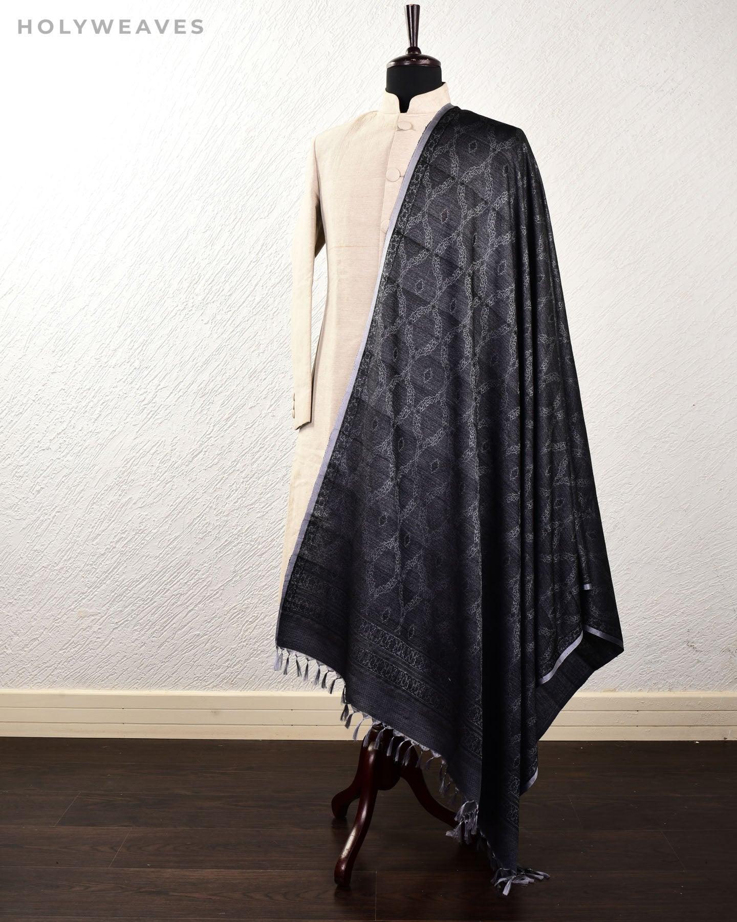 Black On Gray Banarasi Alfi Damask Jamawar Handwoven Silk-wool Shawl - By HolyWeaves, Benares