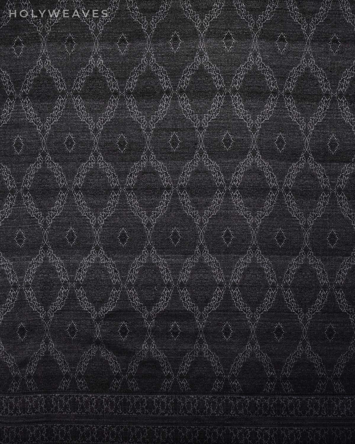 Black On Gray Banarasi Alfi Damask Jamawar Handwoven Silk-wool Shawl - By HolyWeaves, Benares